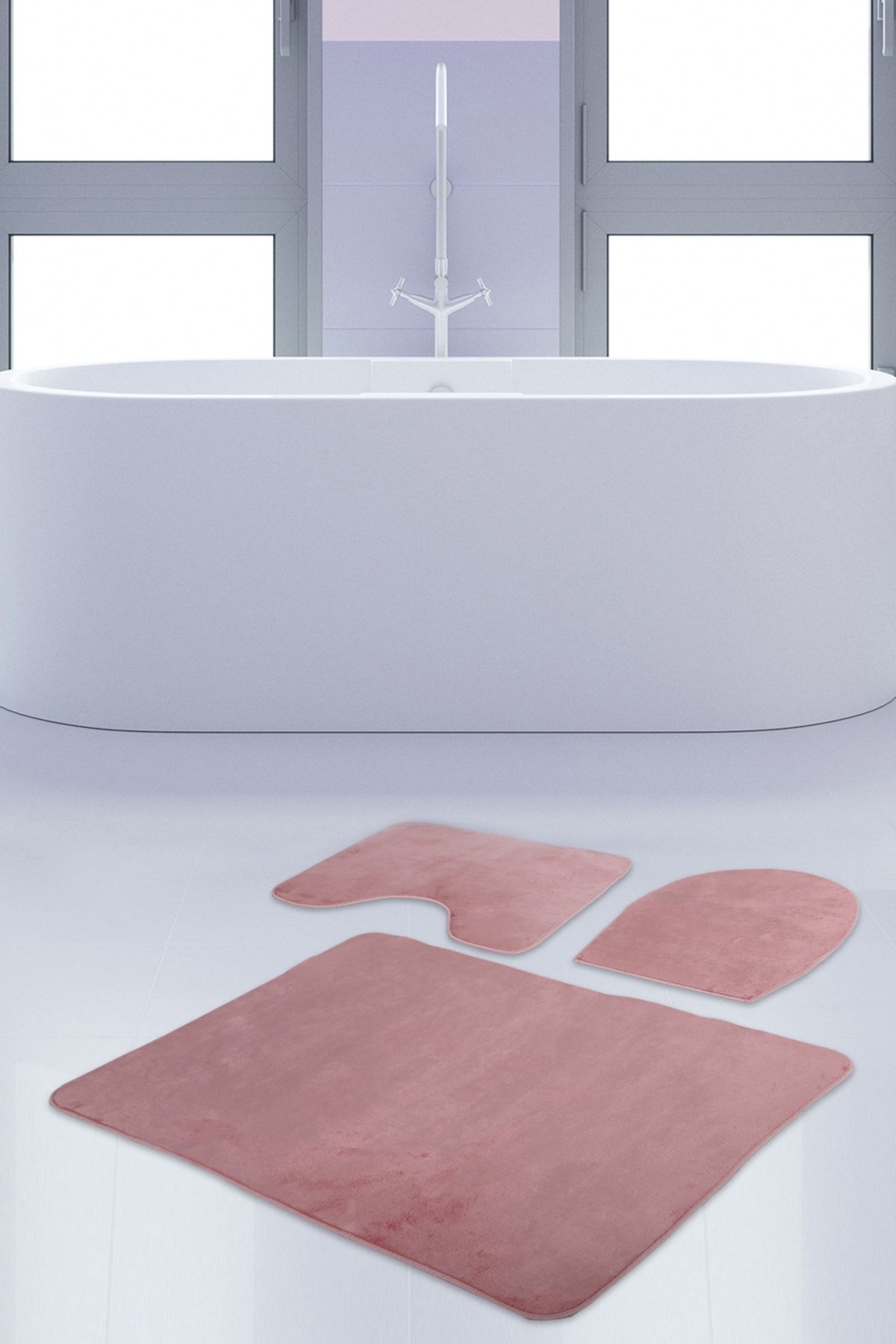 Bonny Home Unicolor Düz Pembe 3lü Banyo Paspası Halısı Seti Kaymaz Klozet Takımı