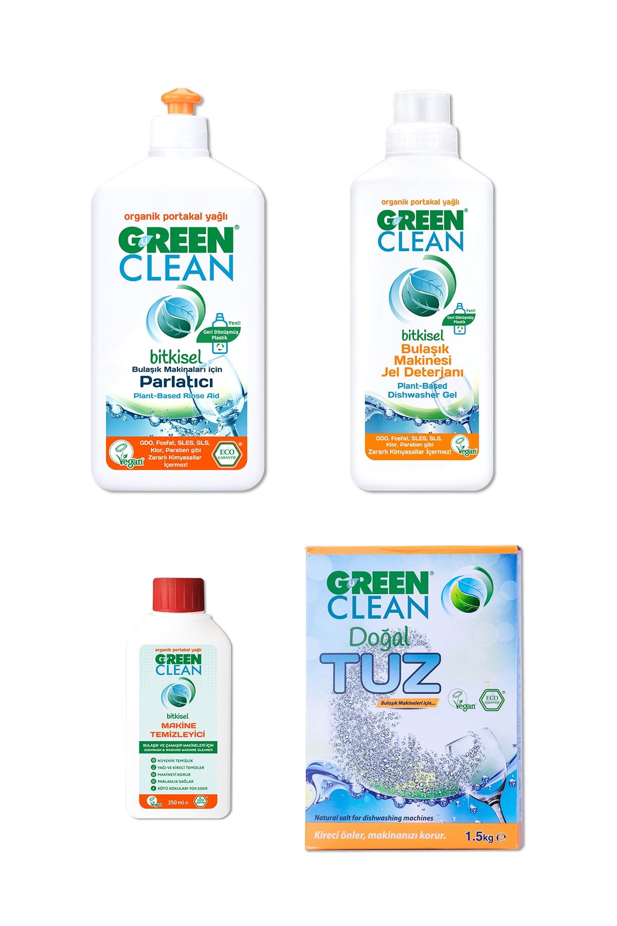 U Green Clean Bulaşık Mak. Jel Deterjan Port. 1000ml, Parlatıcı 500ml, Tuz 1,5kg, Temizleyici 250ml