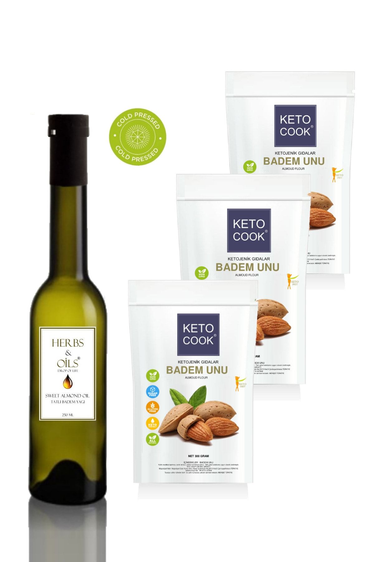 KetoCook Ketojenik Badem Unu Trio Set 300 gram X 3 Adet Herbs & Oils Badem Yağı 250 ml
