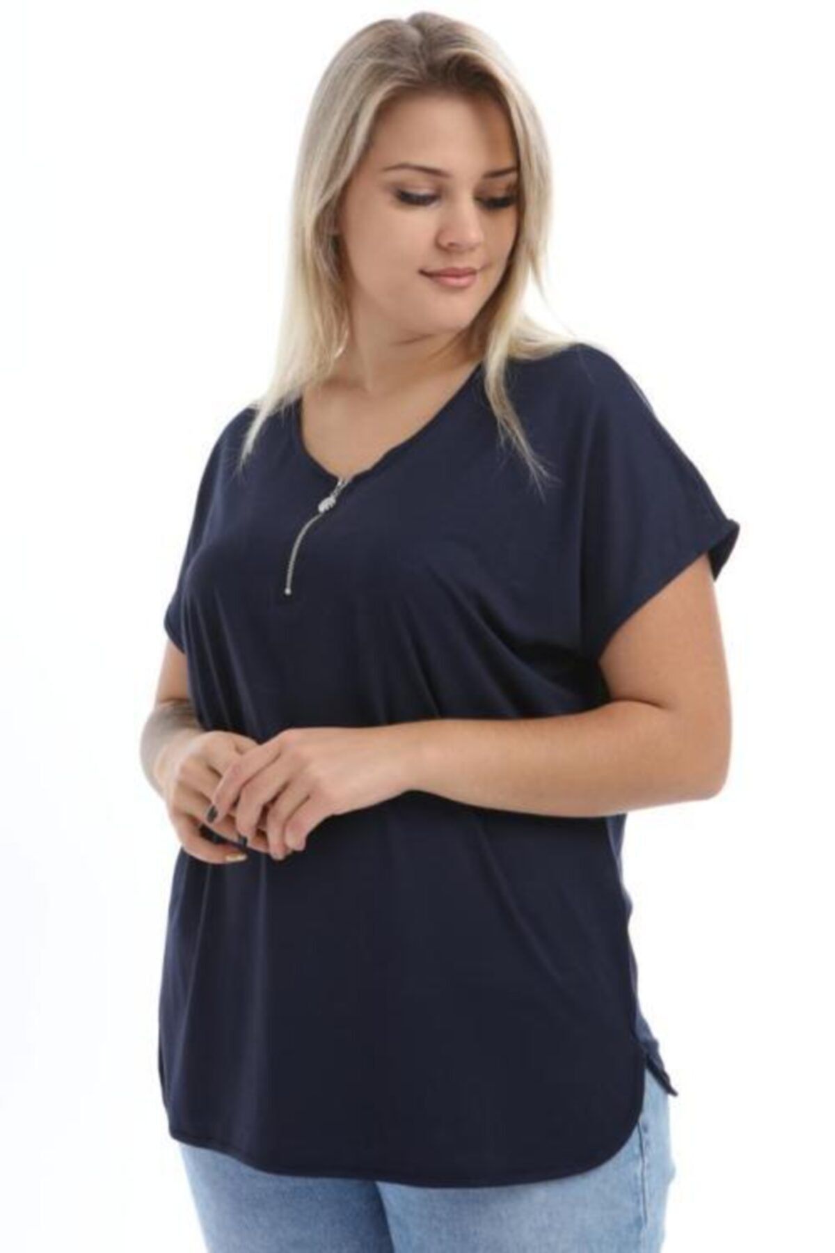SERRA BÜYÜK BEDEN Kadın Lacivert V Yaka Tshirt