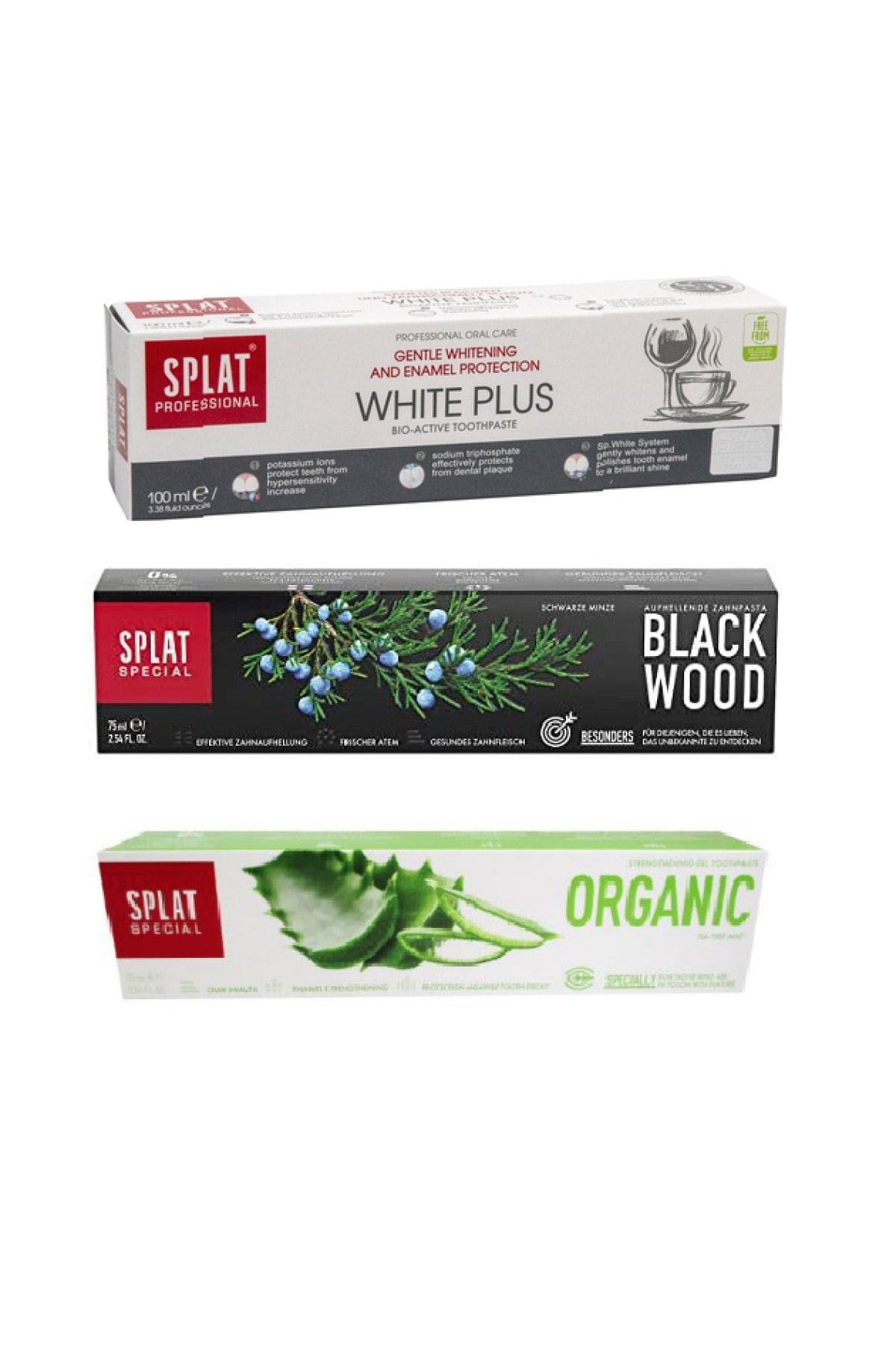 Splat Organik Aloe Veralı Diş Macunu 75 ml+Blackwood Diş Macunu 75 ml+White Plus Diş Macunu 100 ml