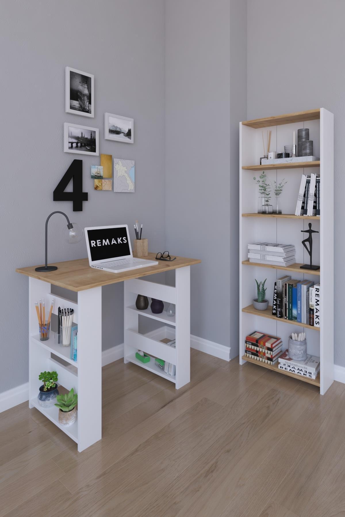 Remaks Arzu Çalışma Masası - Meşe , 5 Raflı Kitaplık - Meşe