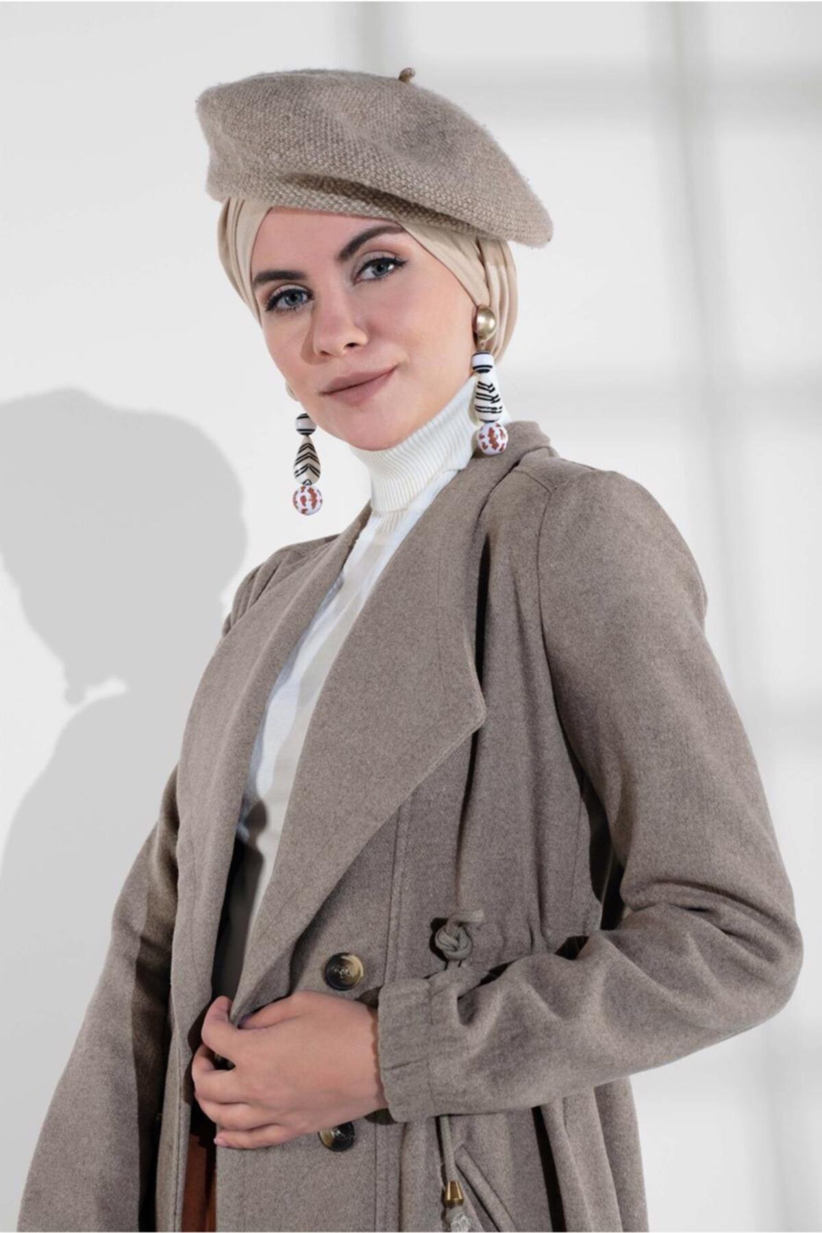 TRENDTESETTÜR Kadın Vizon Beli Büzgülü Düğmeli Kaşe Kaban 4945
