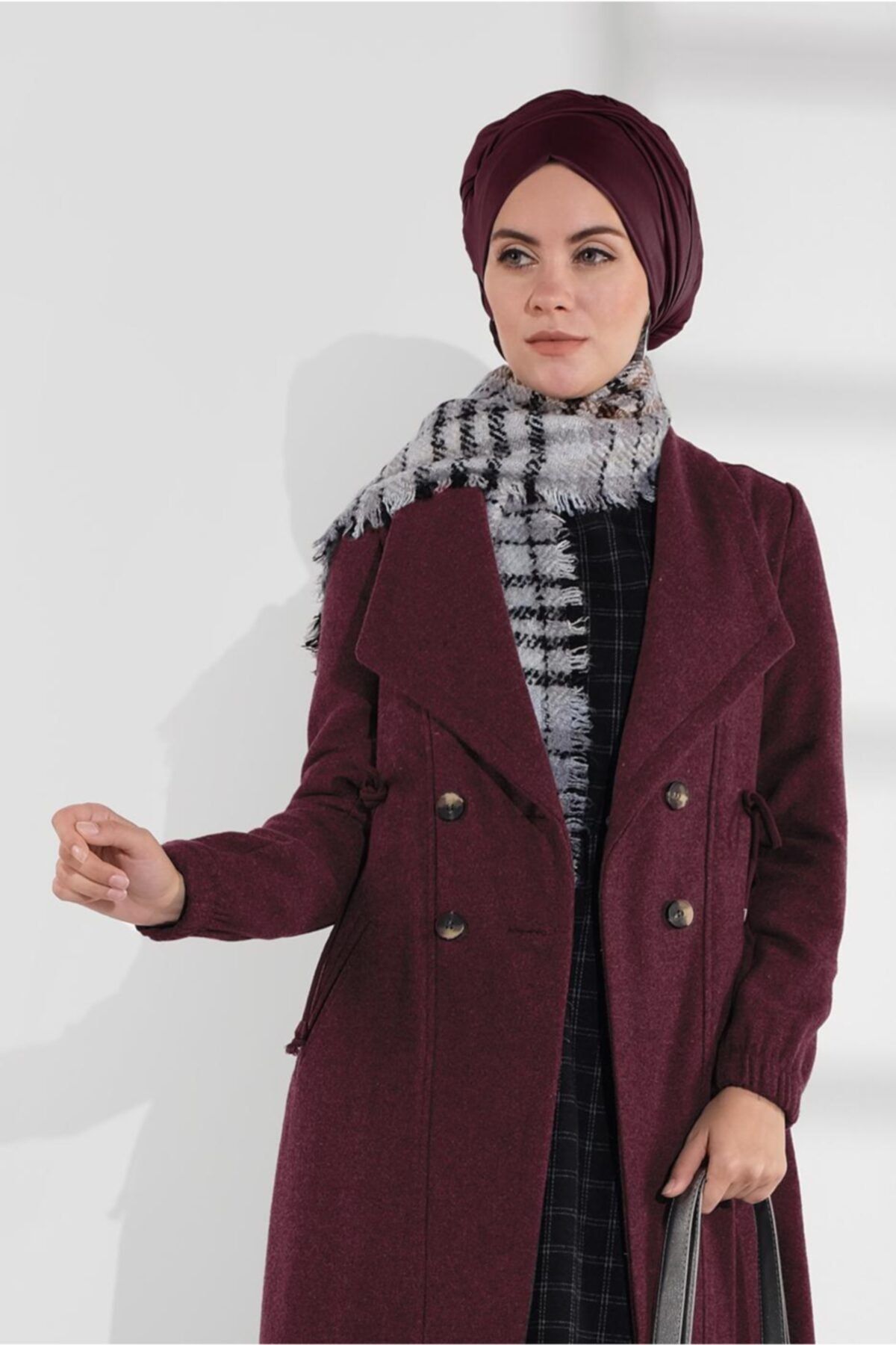 TRENDTESETTÜR Kadın  Bordo Beli Büzgülü Düğmeli Kaşe Kaban 4945