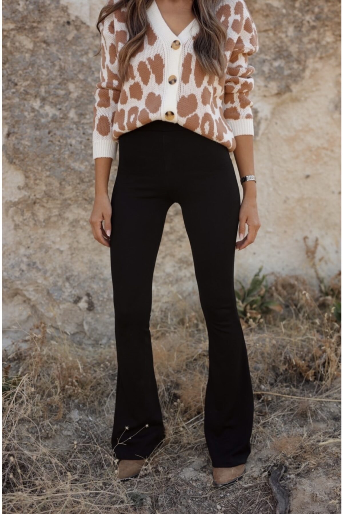 FIT & LUXURY Toparlayıcı Etkili Ispanyol Paça Siyah Çelik Tayt