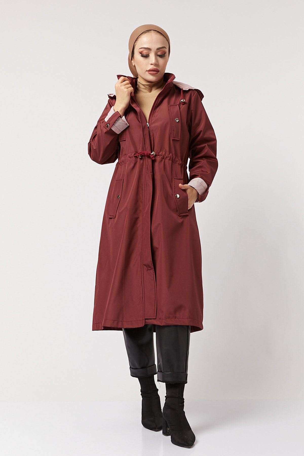 festmoda Kadın Bordo Bel Büzgülü Tesettür Trençkot