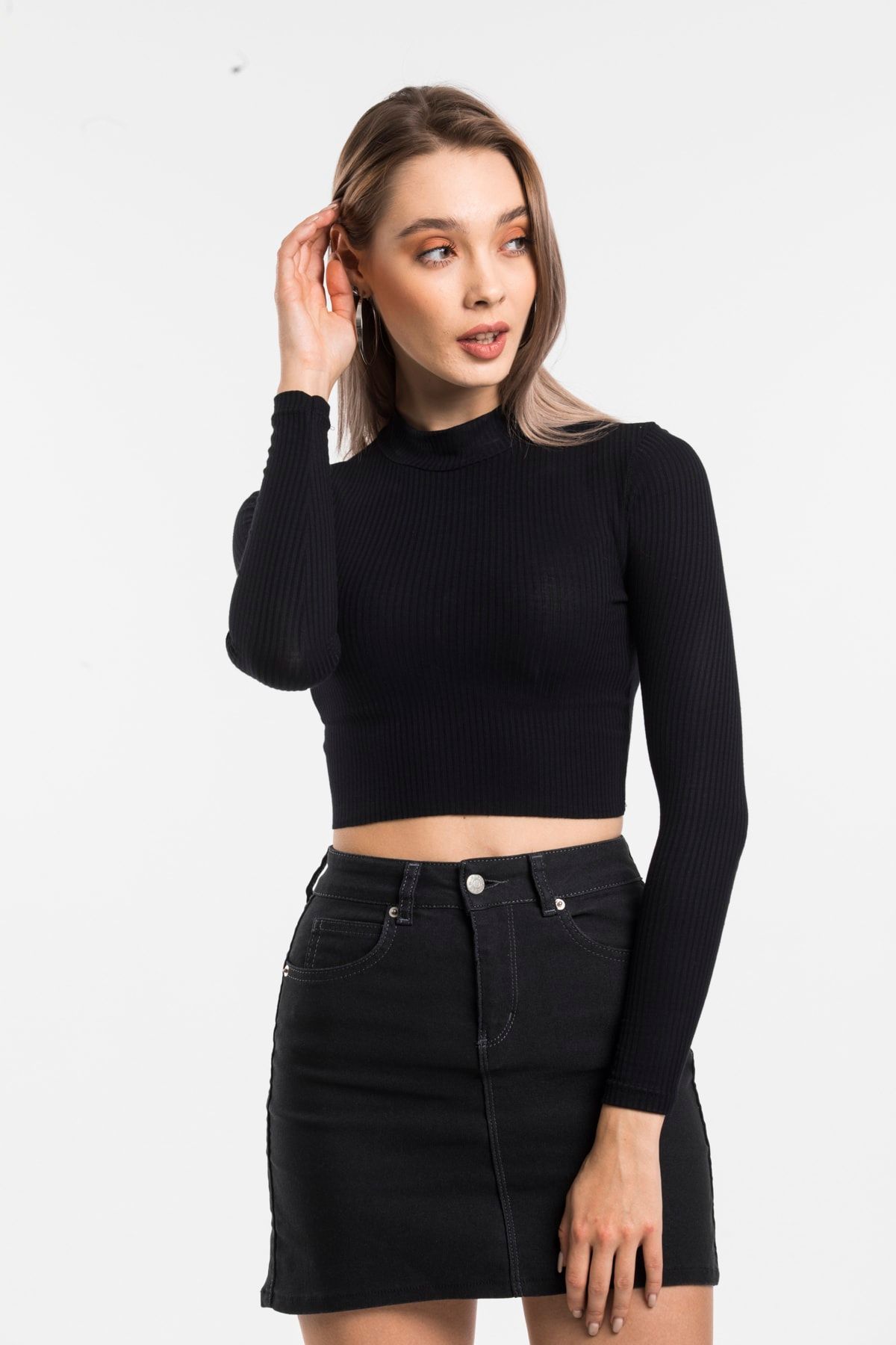 ladyzey Kadın Siyah Yarım Balıkçı Crop Body