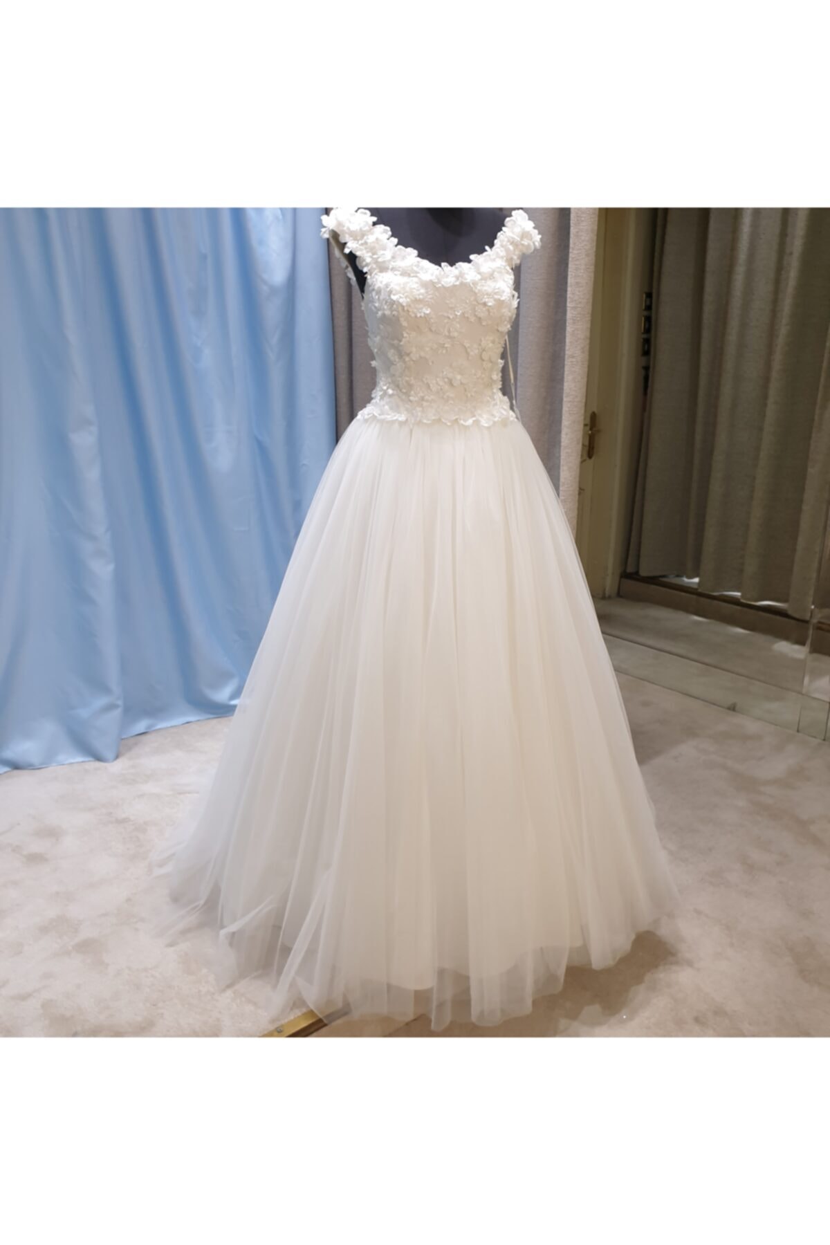 Düzey Moda Kadın Ekru Kayık Yaka Çiçek Tül Etek