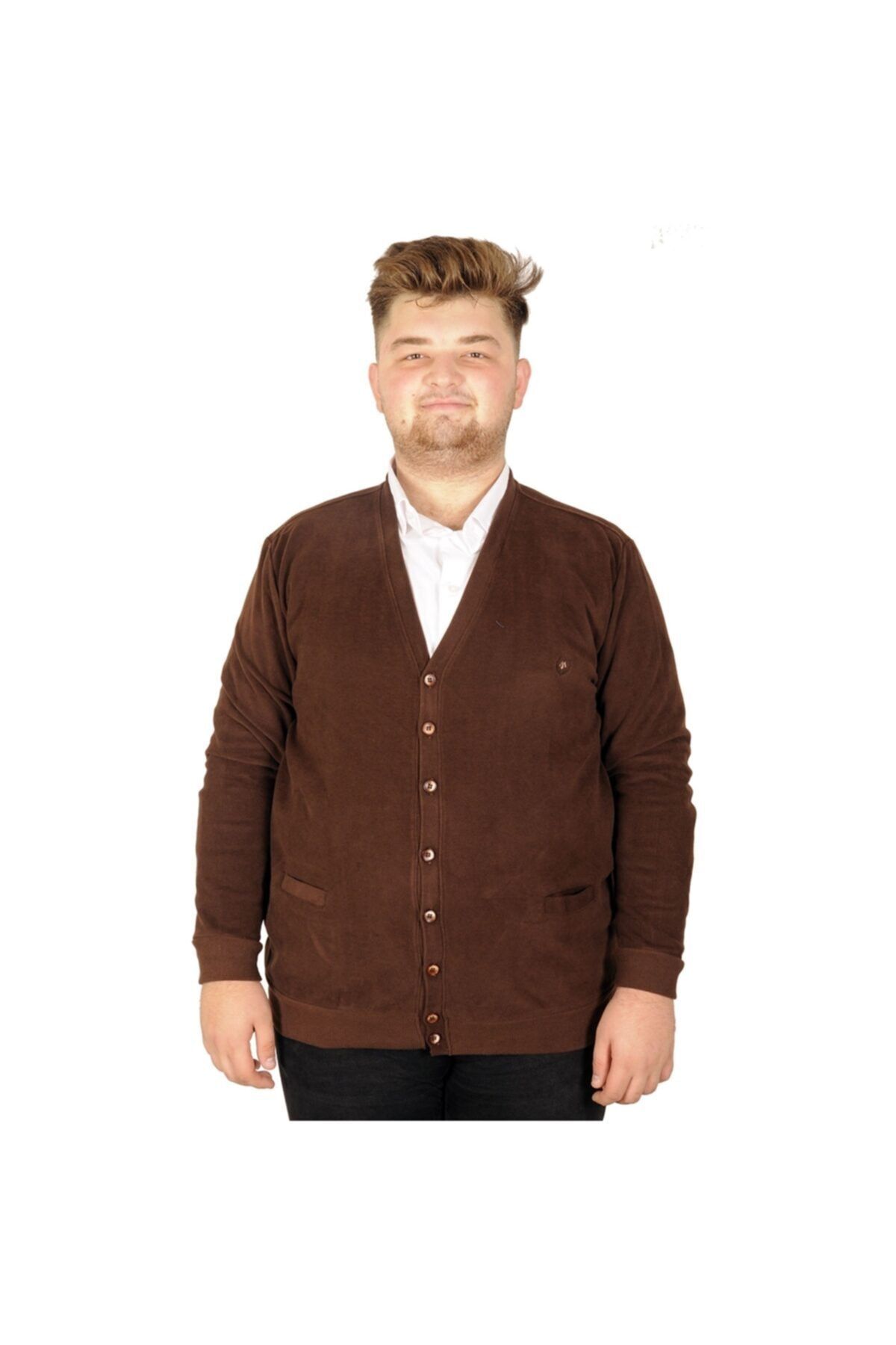 ModeXL Erkek Kahverengi Büyük Beden Selanik Düğmeli Hırka 20548
