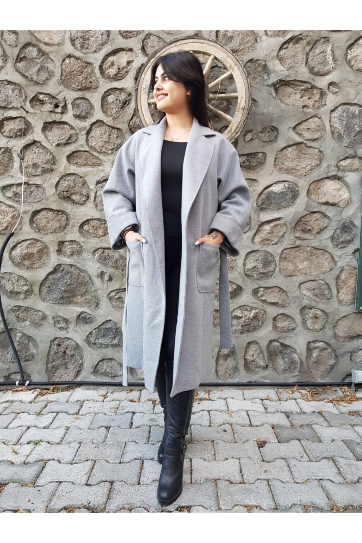 FERGAN Kadın Gri Kemerli Kaşe Palto
