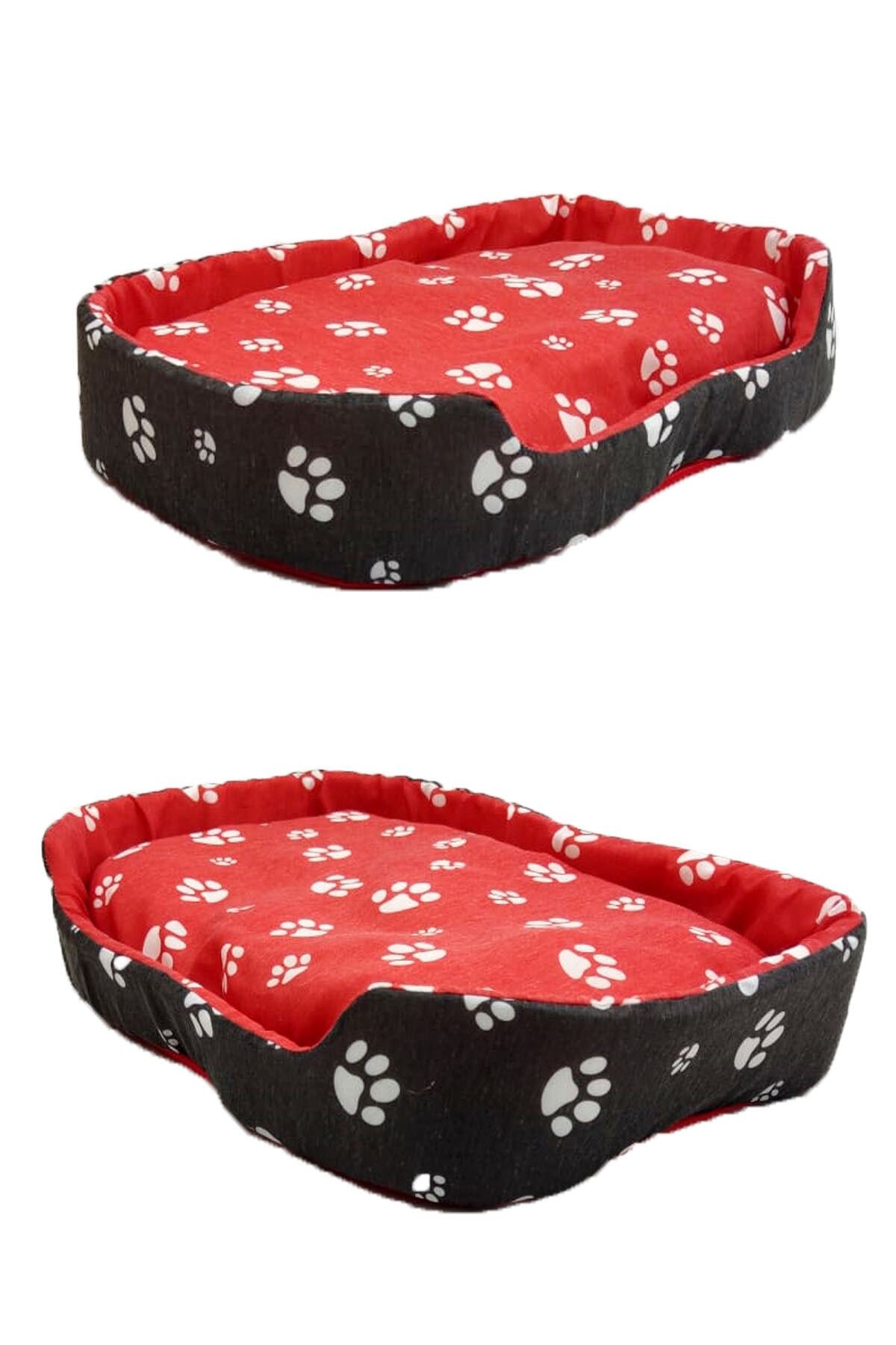 Carneil Patko Kedi Köpek Yatakları Pati Baskılı Kırmızı-siyah Çift Taraflı 2 Renk Kullanımlı60*40*10