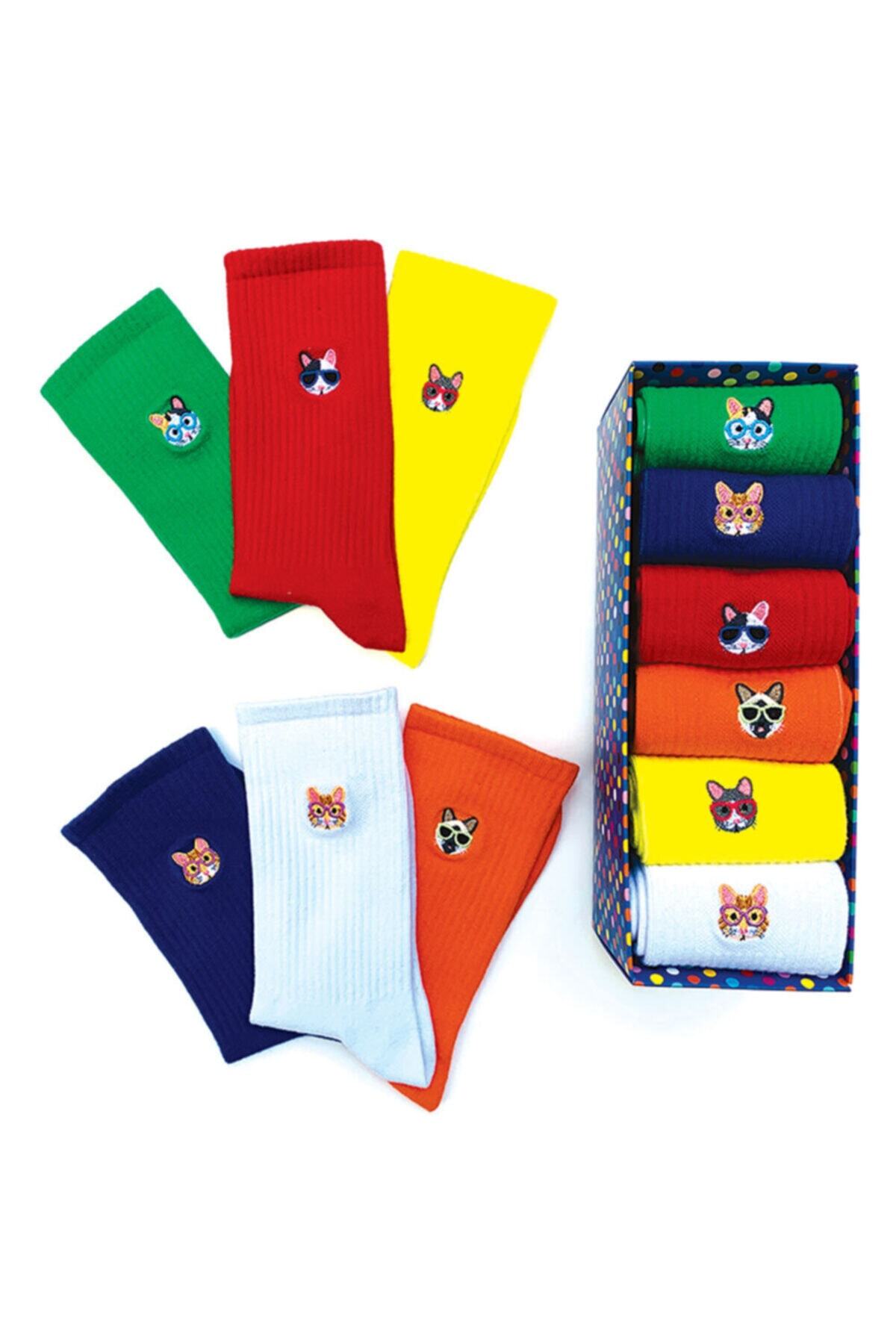 Socks Stations 6'lı Nakışlı Kedi Desenli Çorap Kutusu