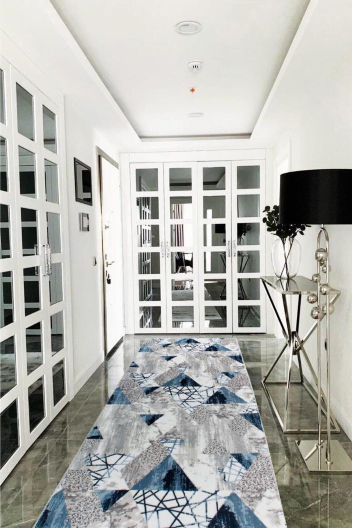Babil Home Kaymaz Tabanlı Kesme Rulo Halı Yolluk Mavi Lacivert Geometrik Bhj740