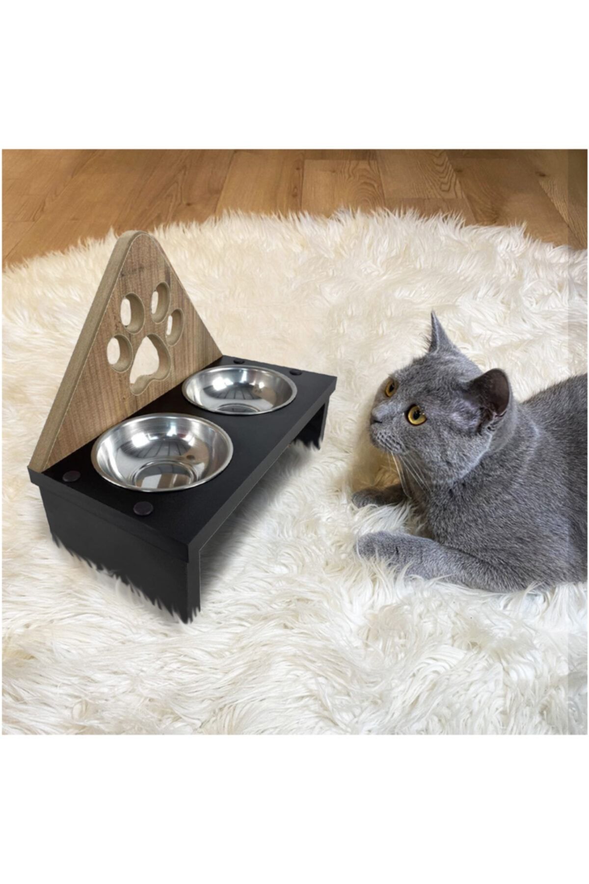 Pet Toyshop Yüksek Kaliteli Ahşap Kedi Mama Kabı -paslanmaz Çelik