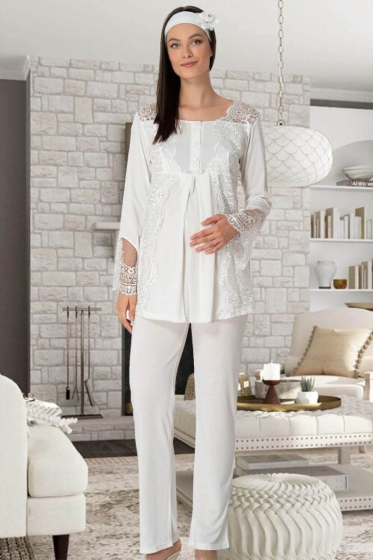 By Mecit Pijama Kadın Ekru Lohusa Sabahlık Pijama Gecelik Takım