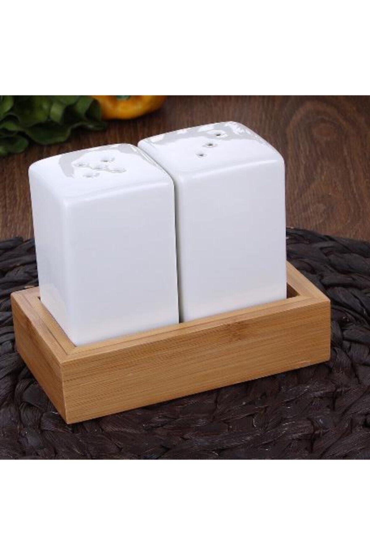 ALBETTO Bambu Stantlı Porselen Tuzluk Biberlik Set