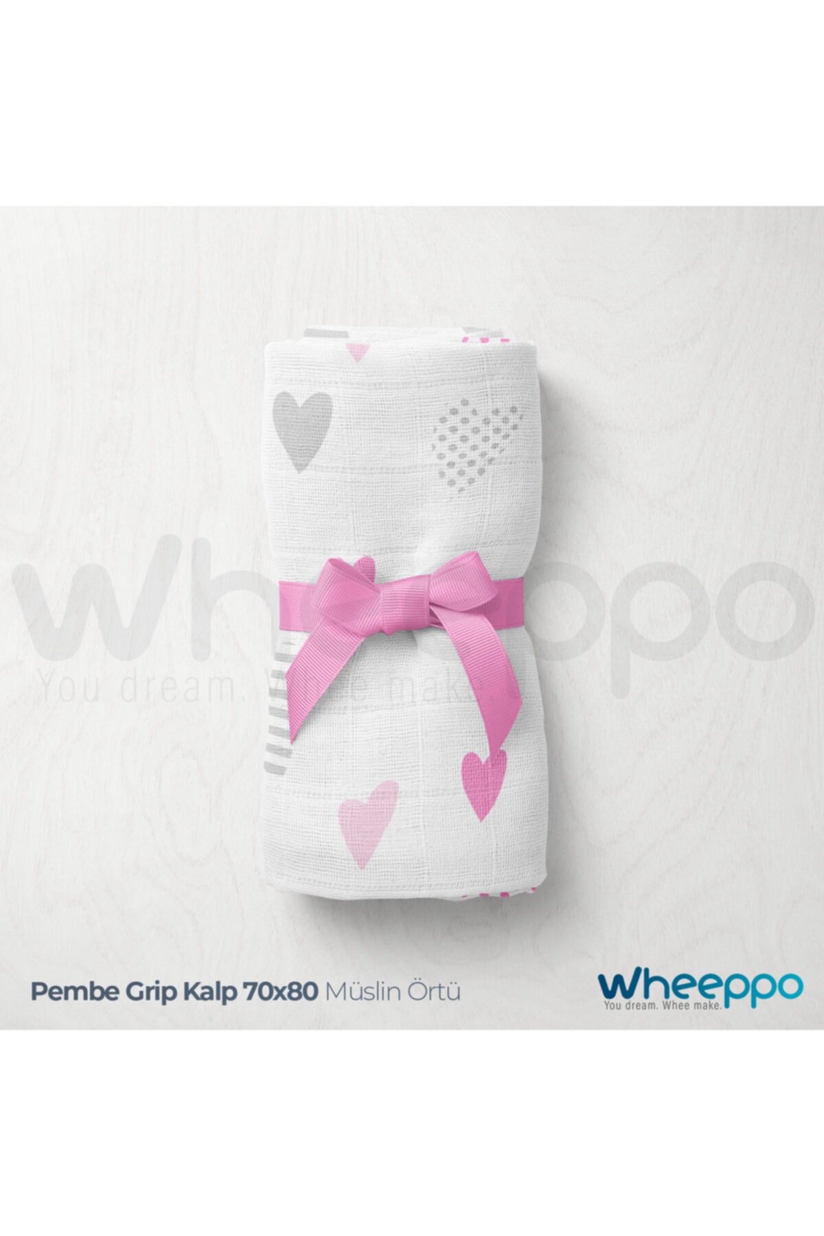 Wheeppo Pembe Gri Kalp Müslin Bebek Battaniyesi