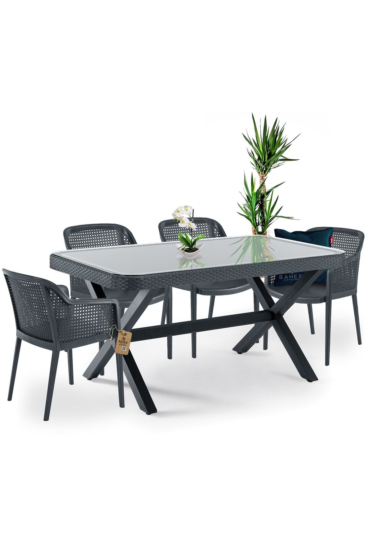 Tilia X Serisi Octa Camlı Rattan Masa Takımı  4 Kişilik 90x150cm