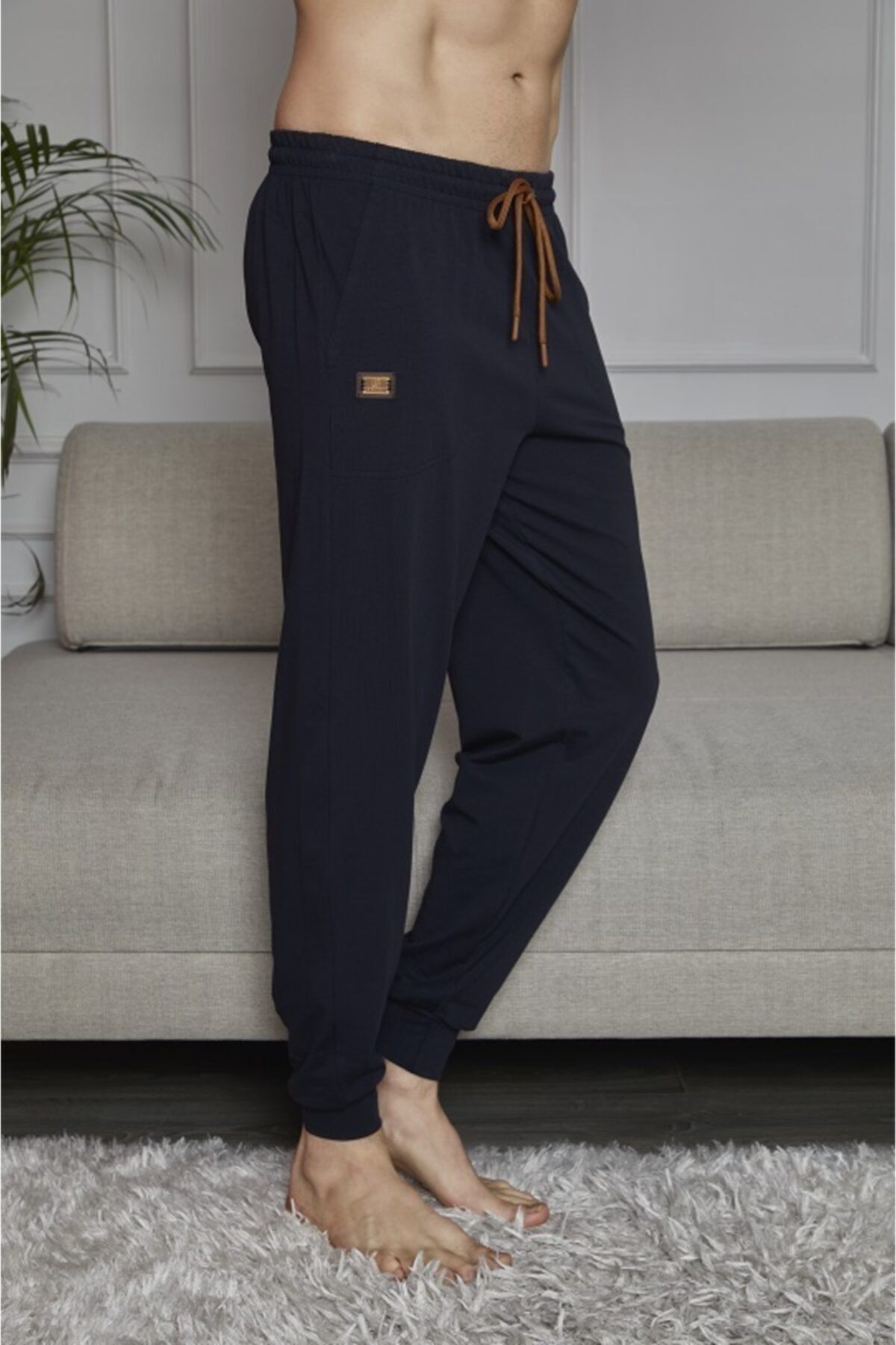 KLY Erkek Lacivert Battal Çok Rahat Bileği Lastikli Pamuk Pijama Altı