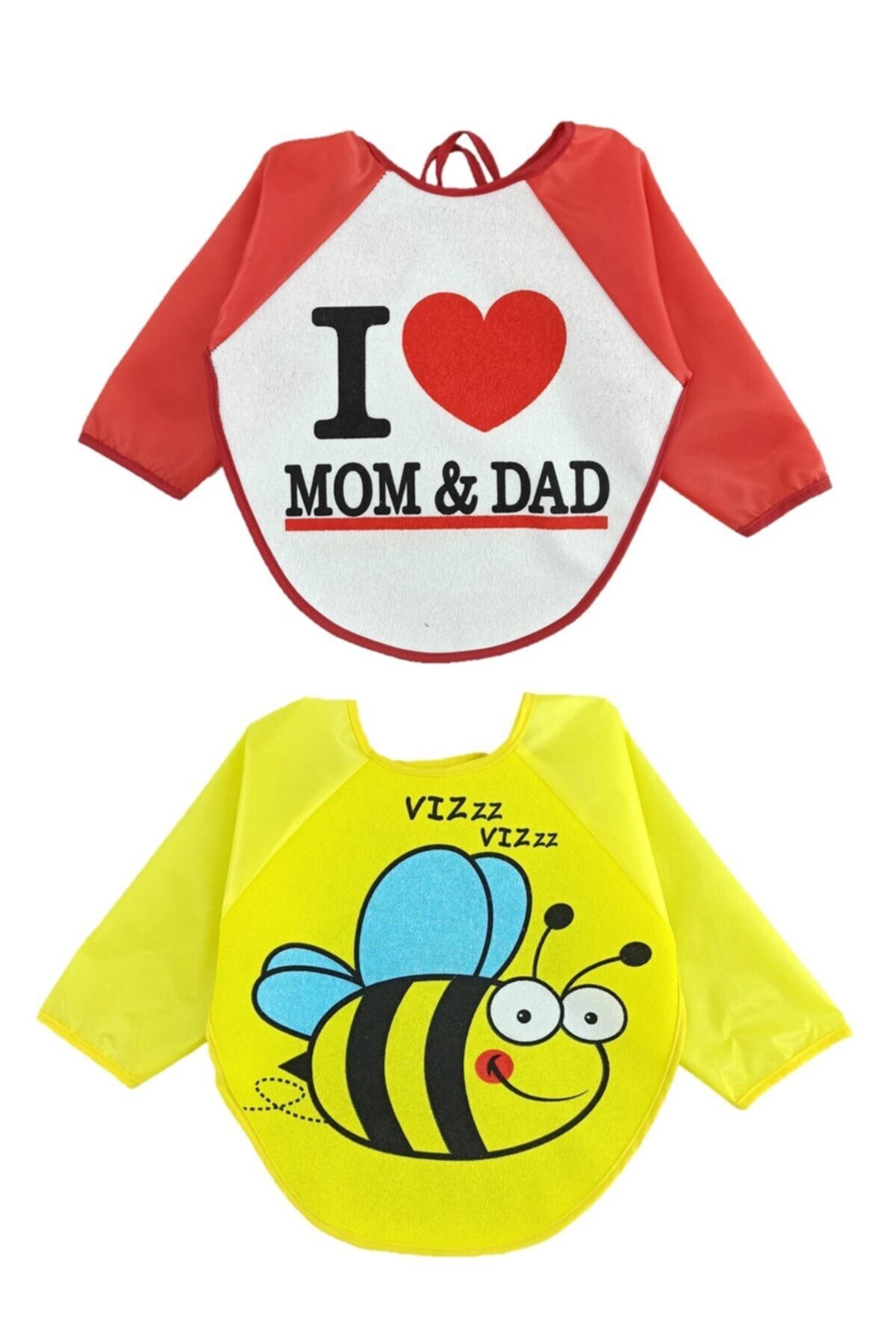 Malkoç 2 Adet Su Geçirmez Mom Dad Arı Desen Bebek Mama Önlüğü 6-24 Ay