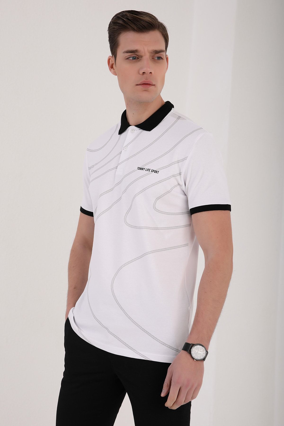 Tommy Life Beyaz Erkek Dairesel Desen Baskılı Standart Kalıp Polo Yaka T-shirt - 87930