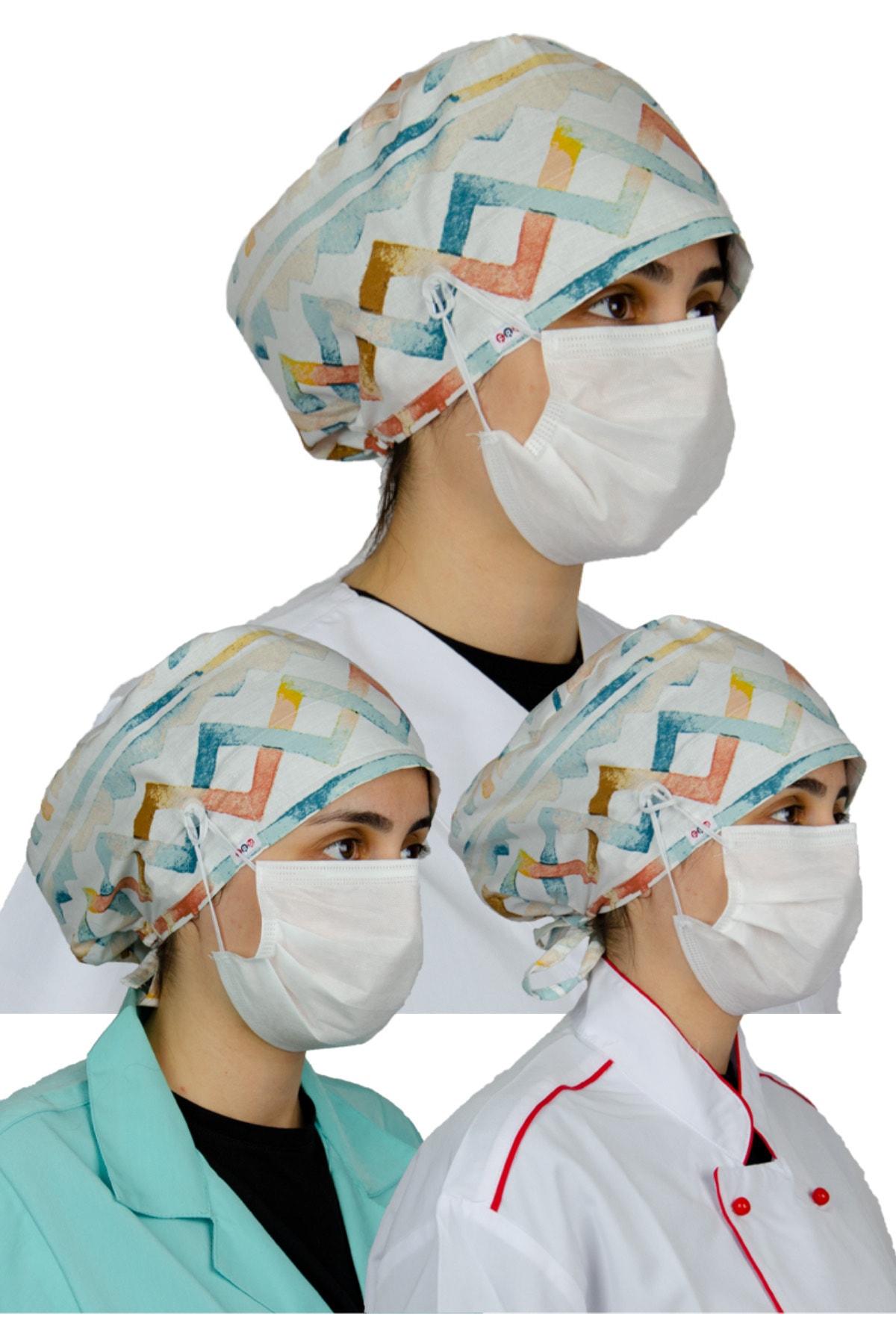 frm tekstil Doktor Hemşire Aşçı Bonesi, Cerrahi Bone %100 Pamuk, Maske Için Düğme Ve Terbantlı A Model Çizgi