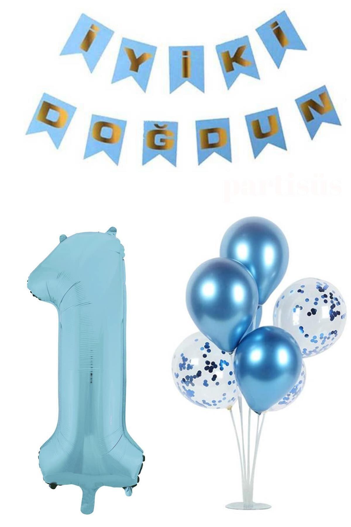 partisüs 1 Yaş Mavi Balon Standlı Doğum Günü Konsepti