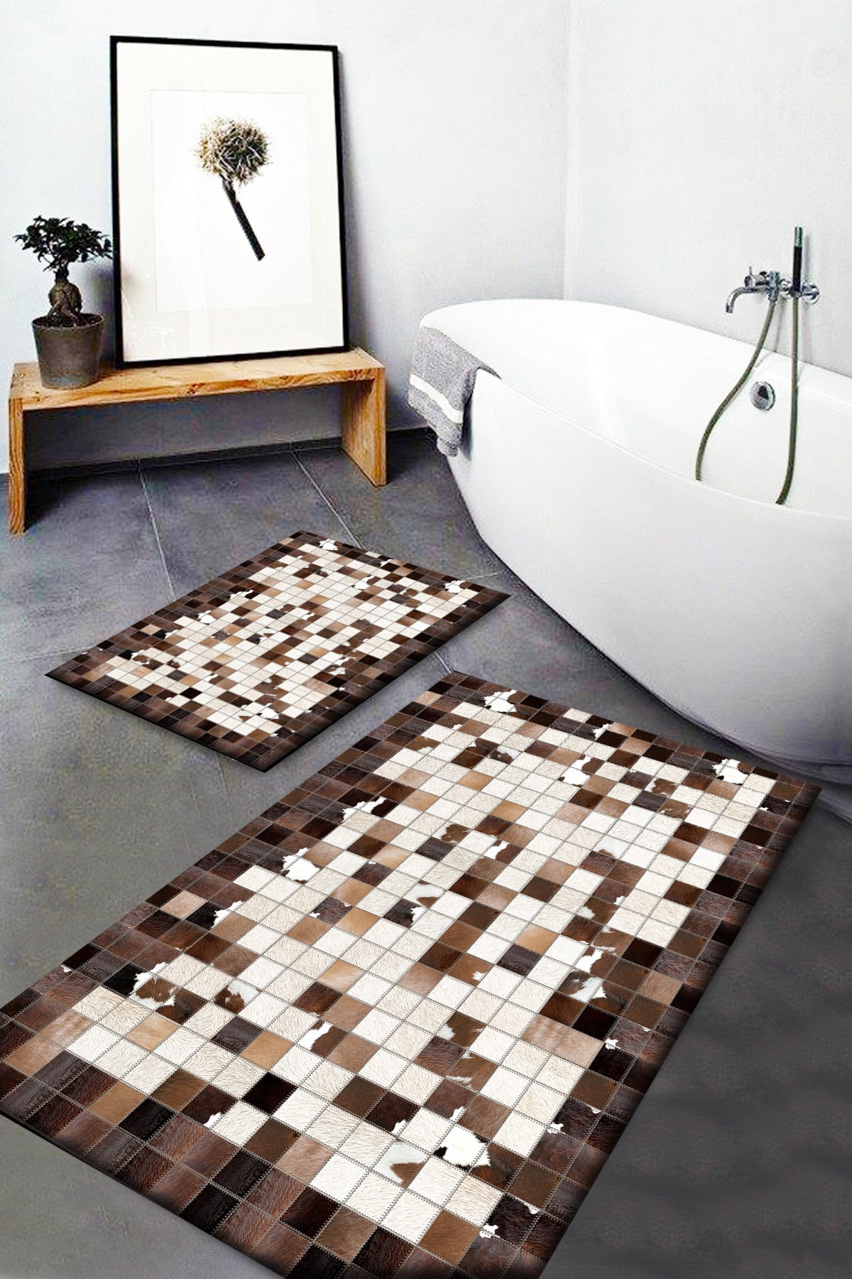 Osso Halı Osso Kahve Kutular Desenli Yıkanabilir Kaymaz Banyo Paspası 2li Klozet Takımı Halısı Dts-9