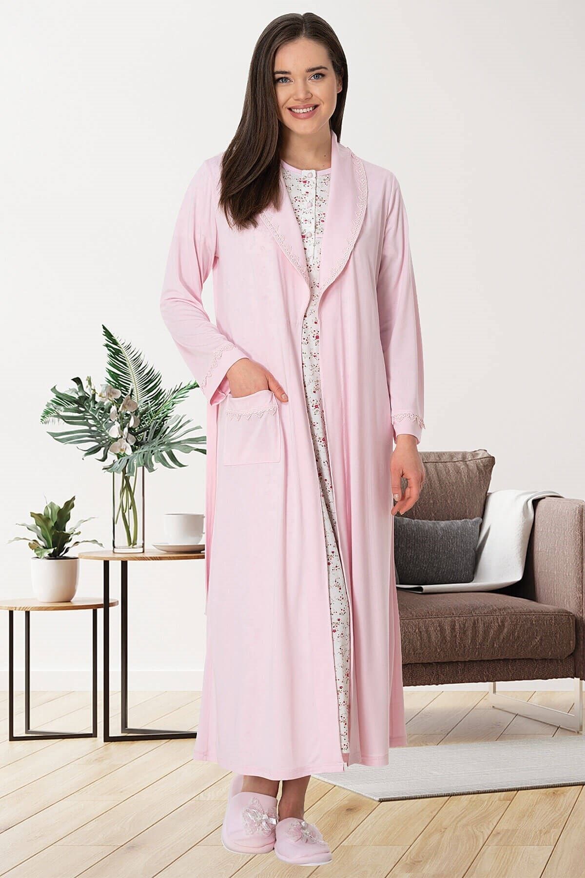 Mecit Pijama Mecit 5512 Pembe Büyük Beden Sabahlıklı Uzun Kollu Gecelik Takım