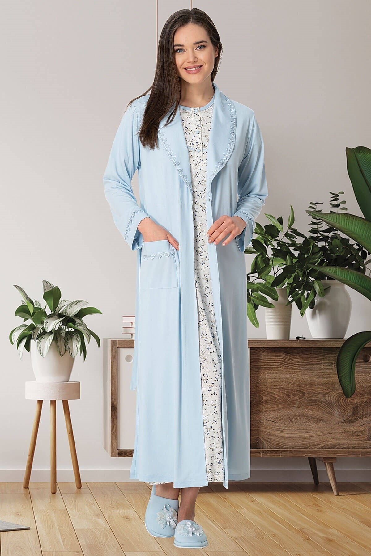 Mecit Pijama Mecit 5513 Mavi Büyük Beden Sabahlıklı Kısa Kollu Gecelik Takım