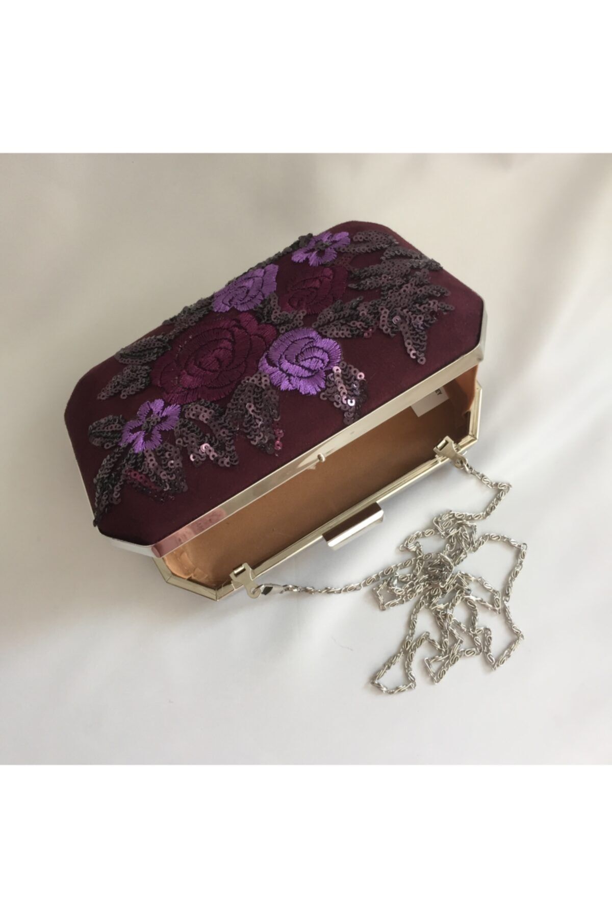 B&D Bengül Demir Süet Bordo Payet Ve Nakış Detaylı Abiye Çanta Clutch