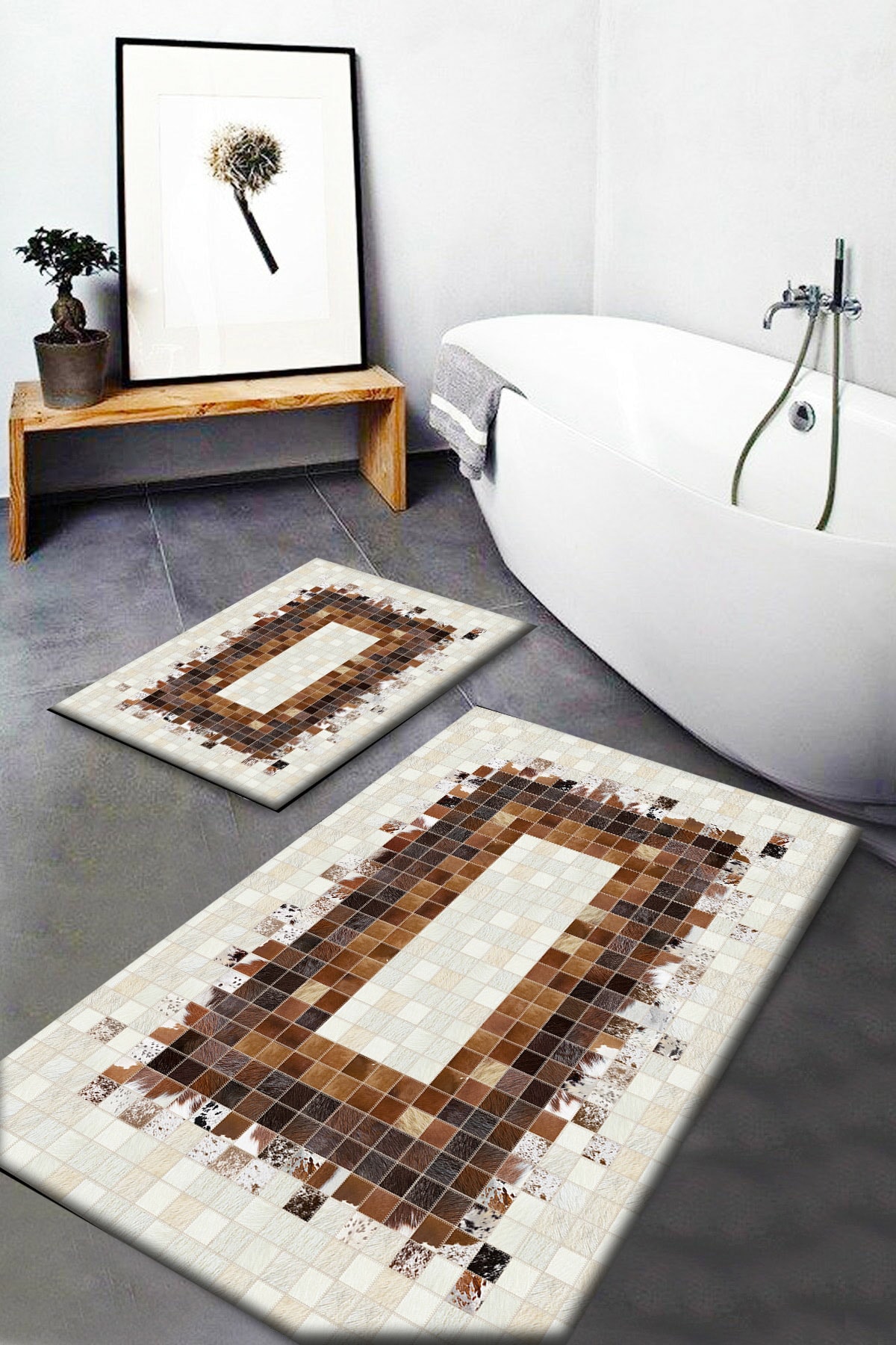 Osso Halı Krem Kahve Kutular Desenli Yıkanabilir Kaymaz Banyo Paspası 2'li Klozet Takımı Halısı Dts-10