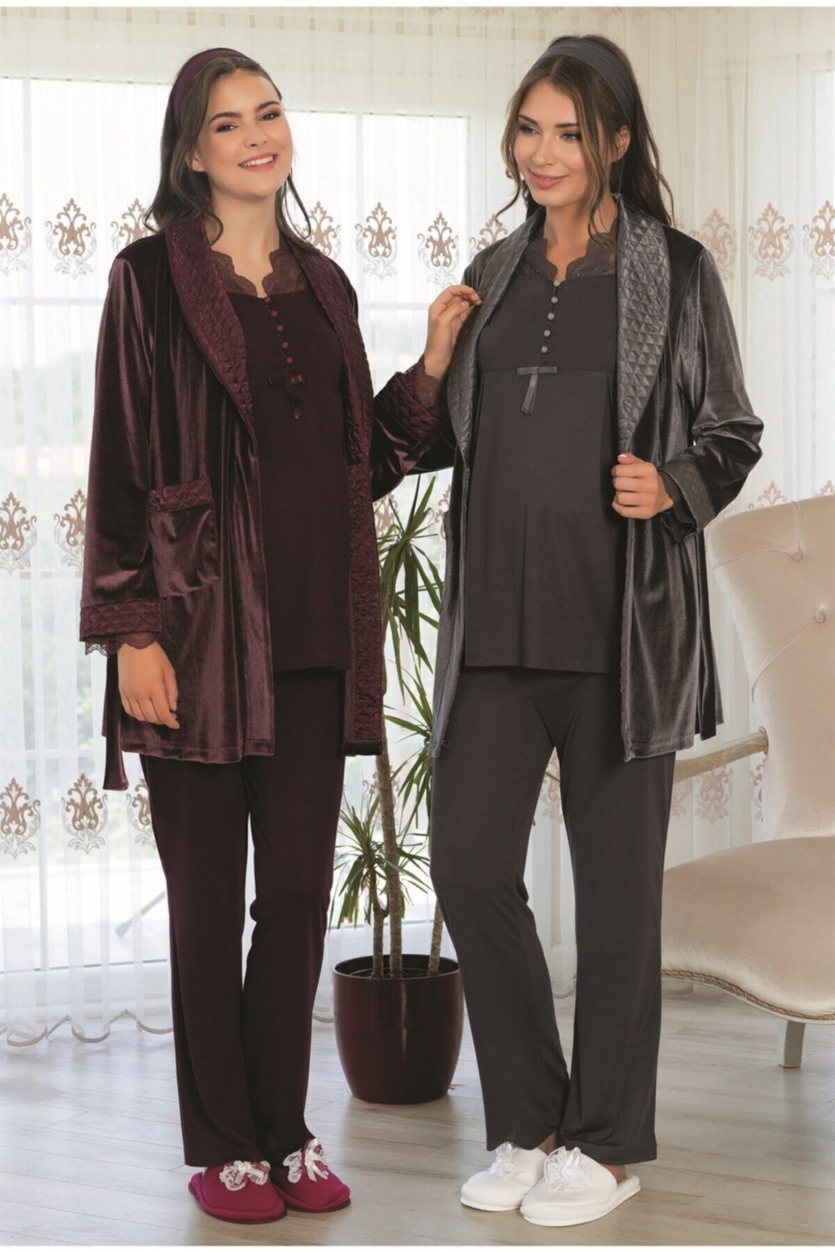 Mecit Pijama Mecit 5101 Kadife Sabahlıklı Lohusa Takım