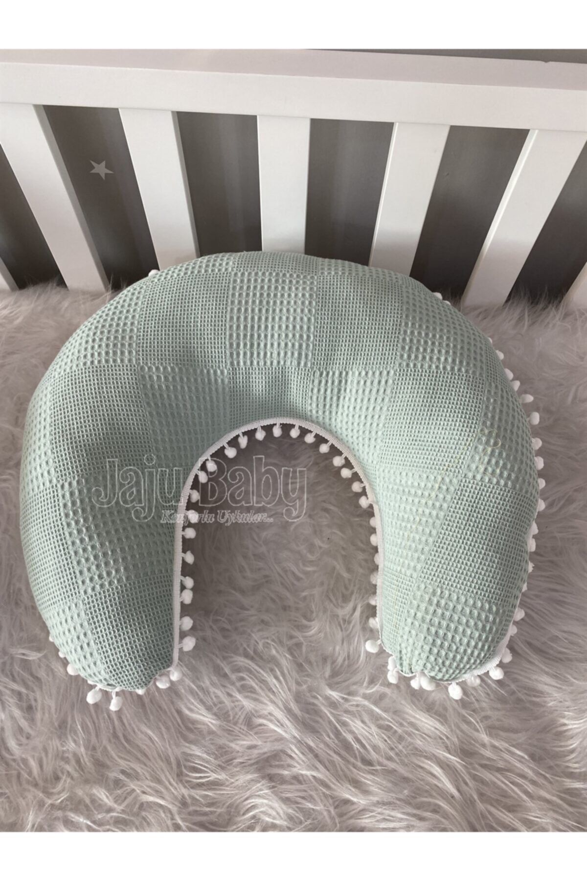 Jaju Baby Wafle Pike Kumaş Ceylan Tasarım Ponponlu Emzirme Yastığı - Destek Minderi