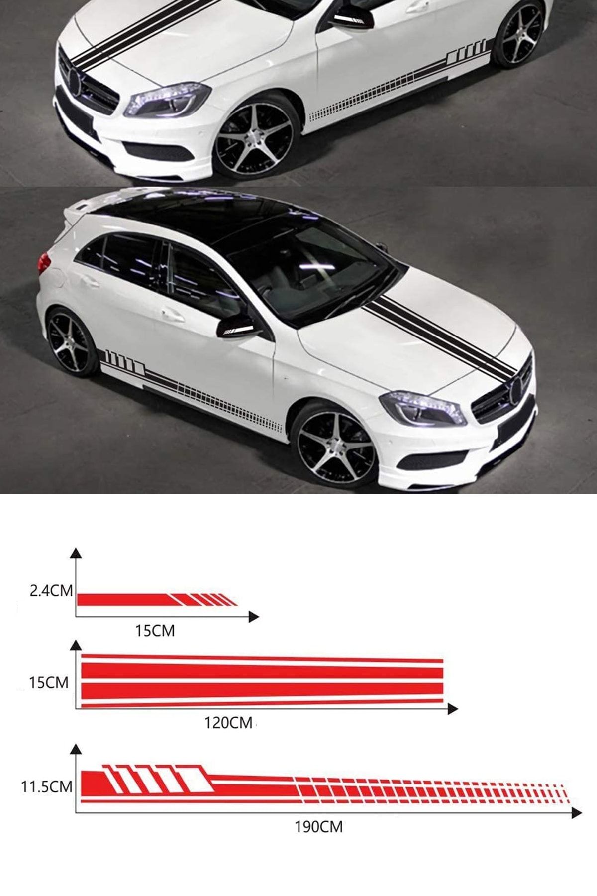 Dijitonline 5 Parça Araba Spor Sticker - Oto Sticker - Araba Sticker 15x2,5 - 21x90 -10x180 Cm