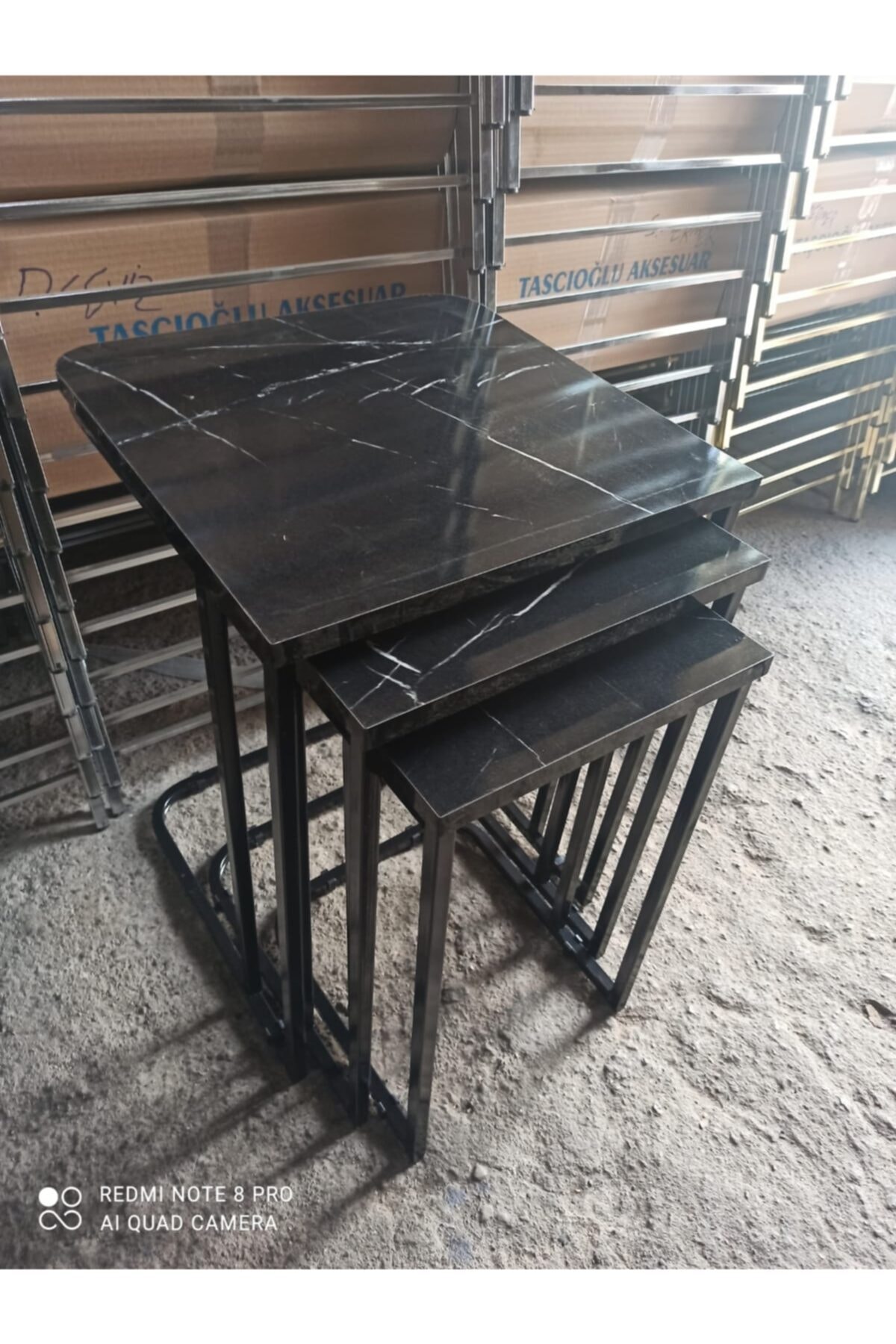 GÜVENÇ C Zigon Sehpa Siyah Metal Ayaklı Alaca Siyah Mermer Desen