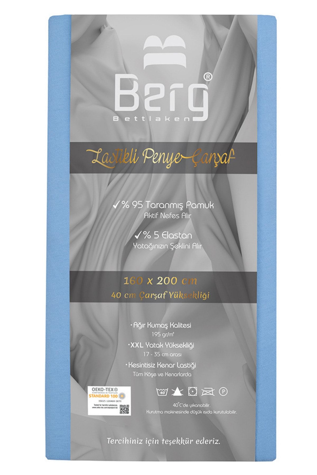 Berg Bettlaken 160x200 +35 cm Yükseklik Lastikli Lüks Penye Pamuklu Çarşaf Mavi