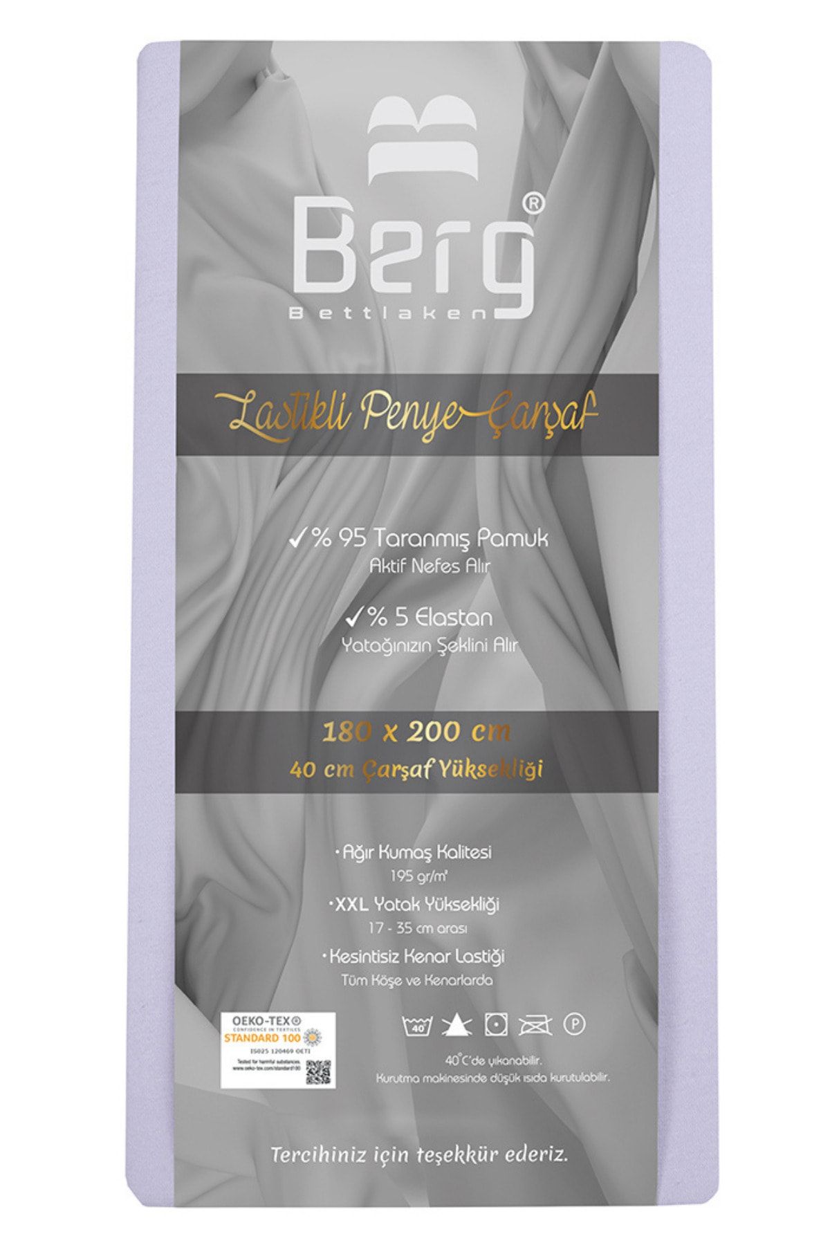 Berg Bettlaken 180x200 +35 cm Yükseklik Lastikli Lüks Penye Pamuklu Çarşaf Lila