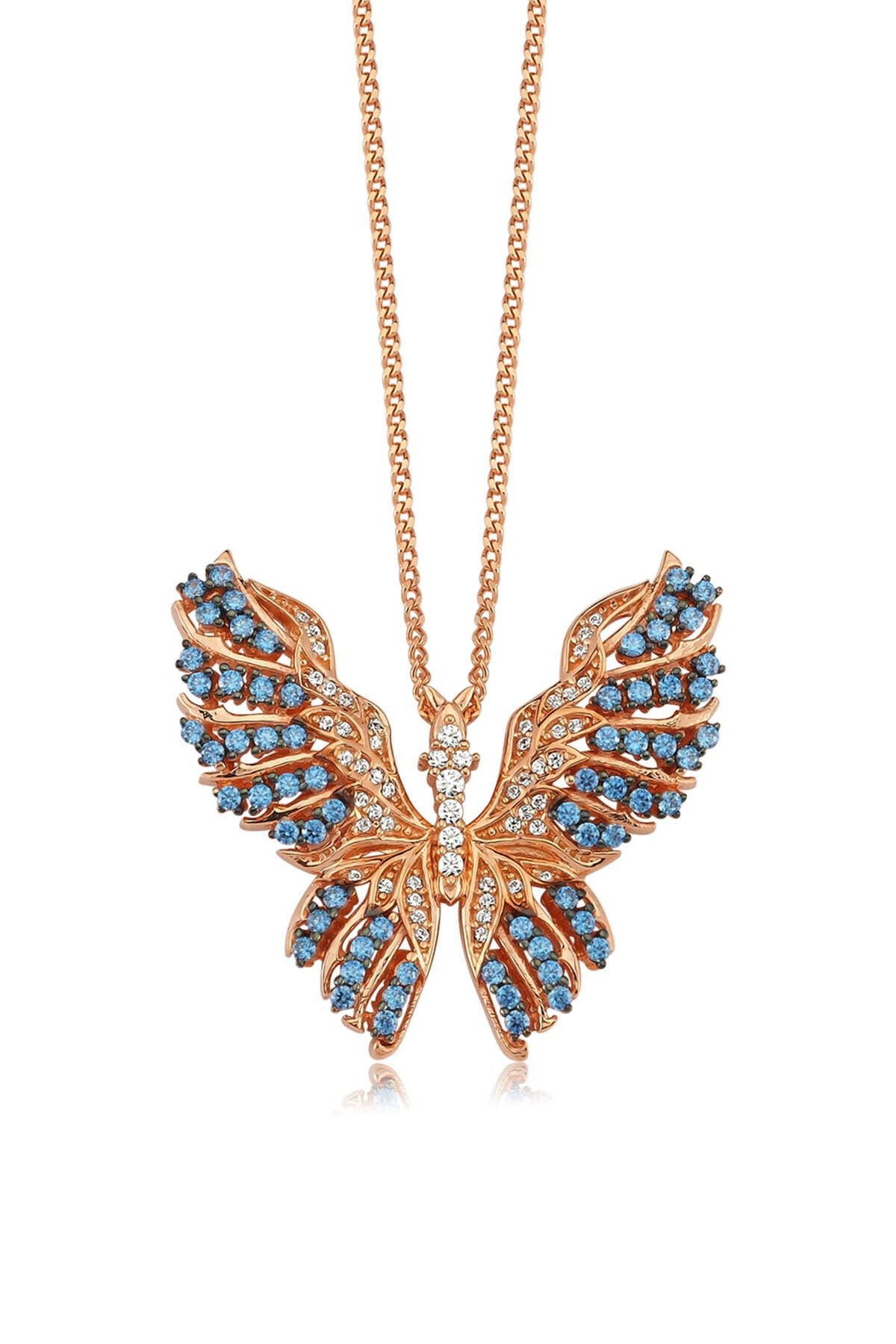 Valori Jewels Işıltılı Kelebek, Zirkon Mavi Ve Beyaz Taşlı, Rose Gümüş Kolye