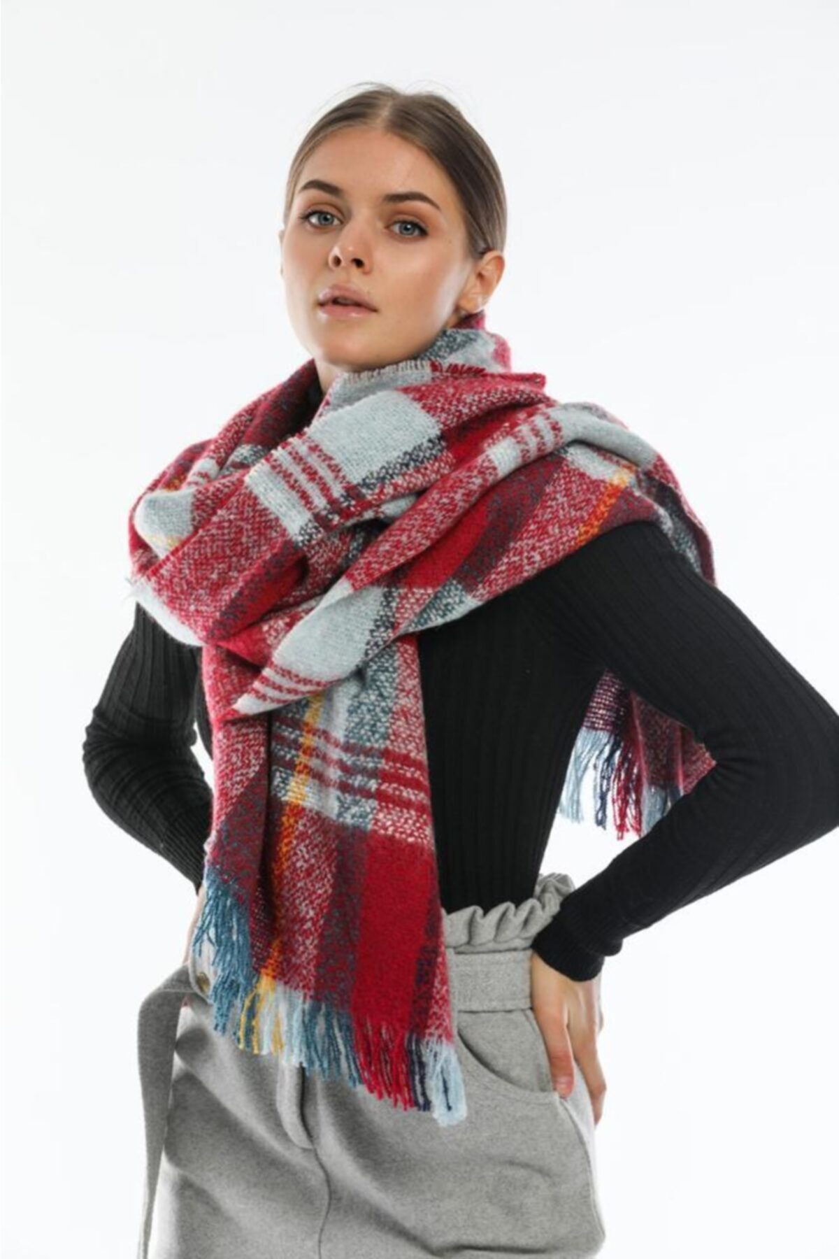 laviyonsa Kareli Bordo Şal Atkı