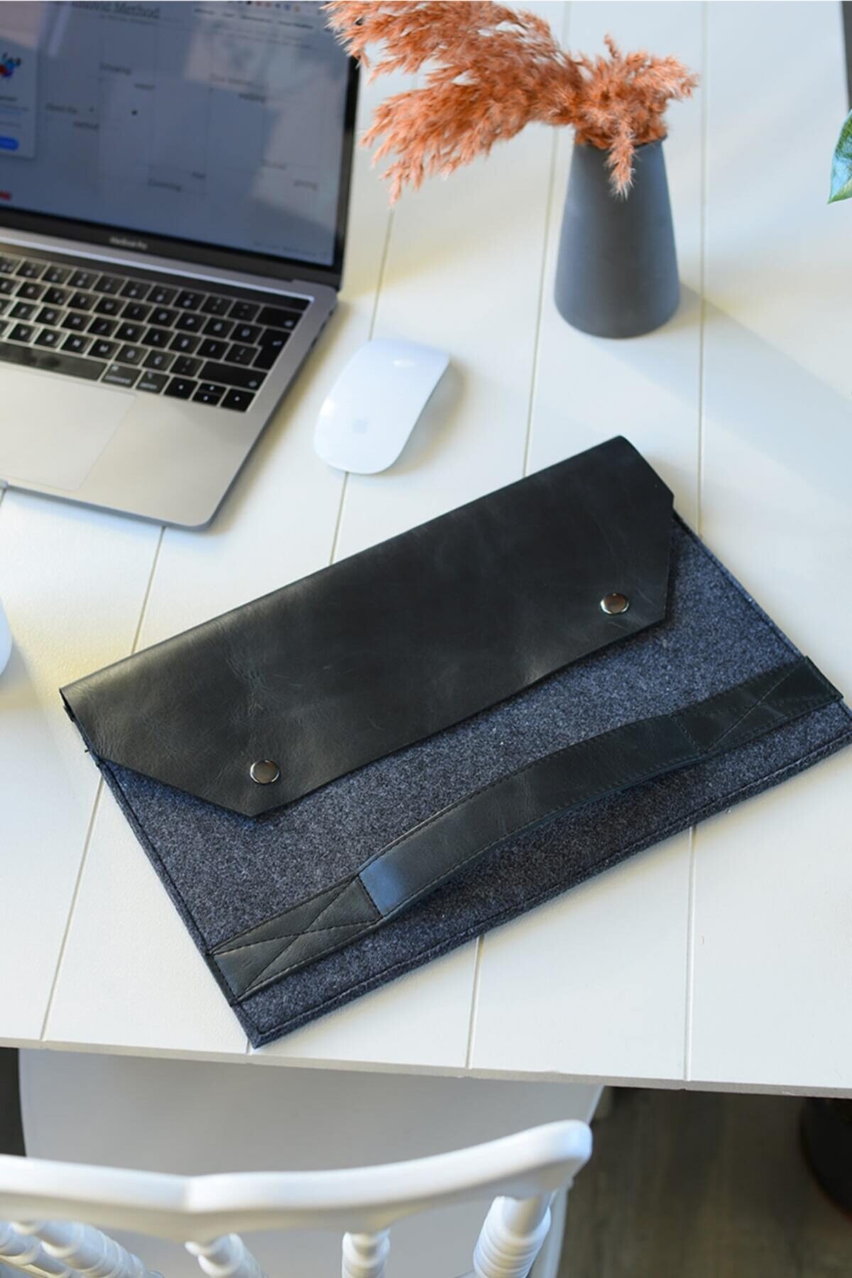 dk leather Unisex Onuris Siyah Hakiki Deri Ve Keçe Macbook Pro 13 Inc/ Macbook Air 13.3 Inc/surface Kılıf Çanta