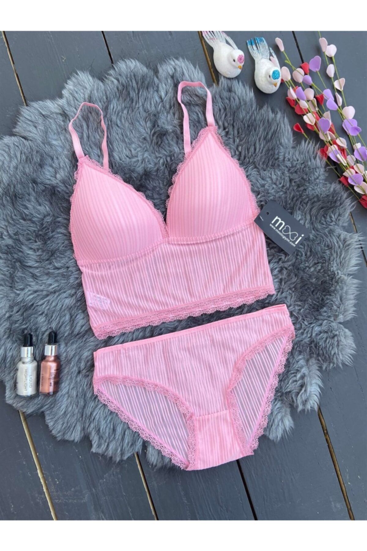 gmiçgiyim Pembe Dantelli Yarım Destekli Büstiyer Takım