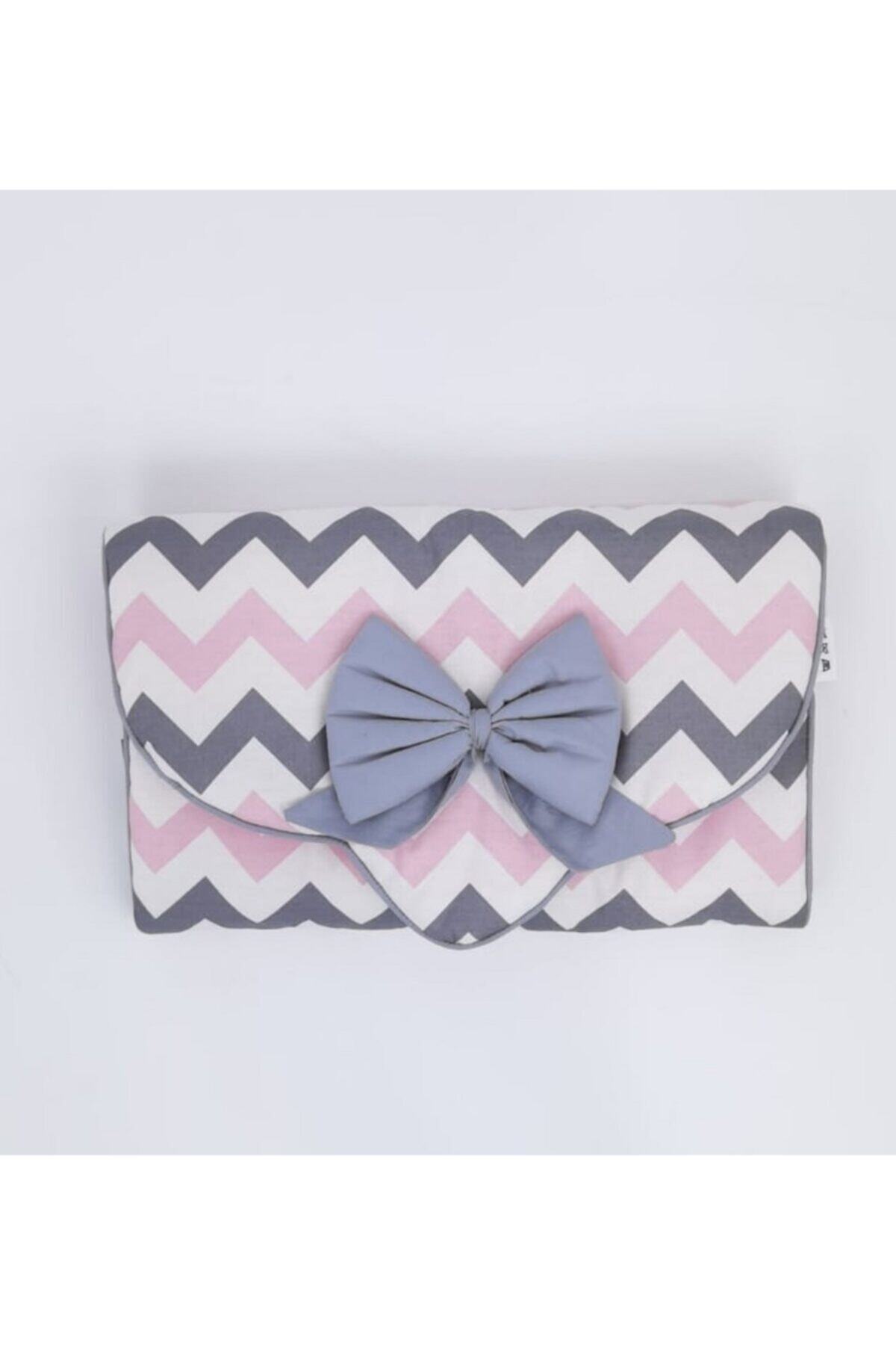mordesign Çantalı Bebek Alt Açma Pedi/minder, Elyaf Dolgulu, Pamuklu Kumaş, Zikzak Desen, Pembe