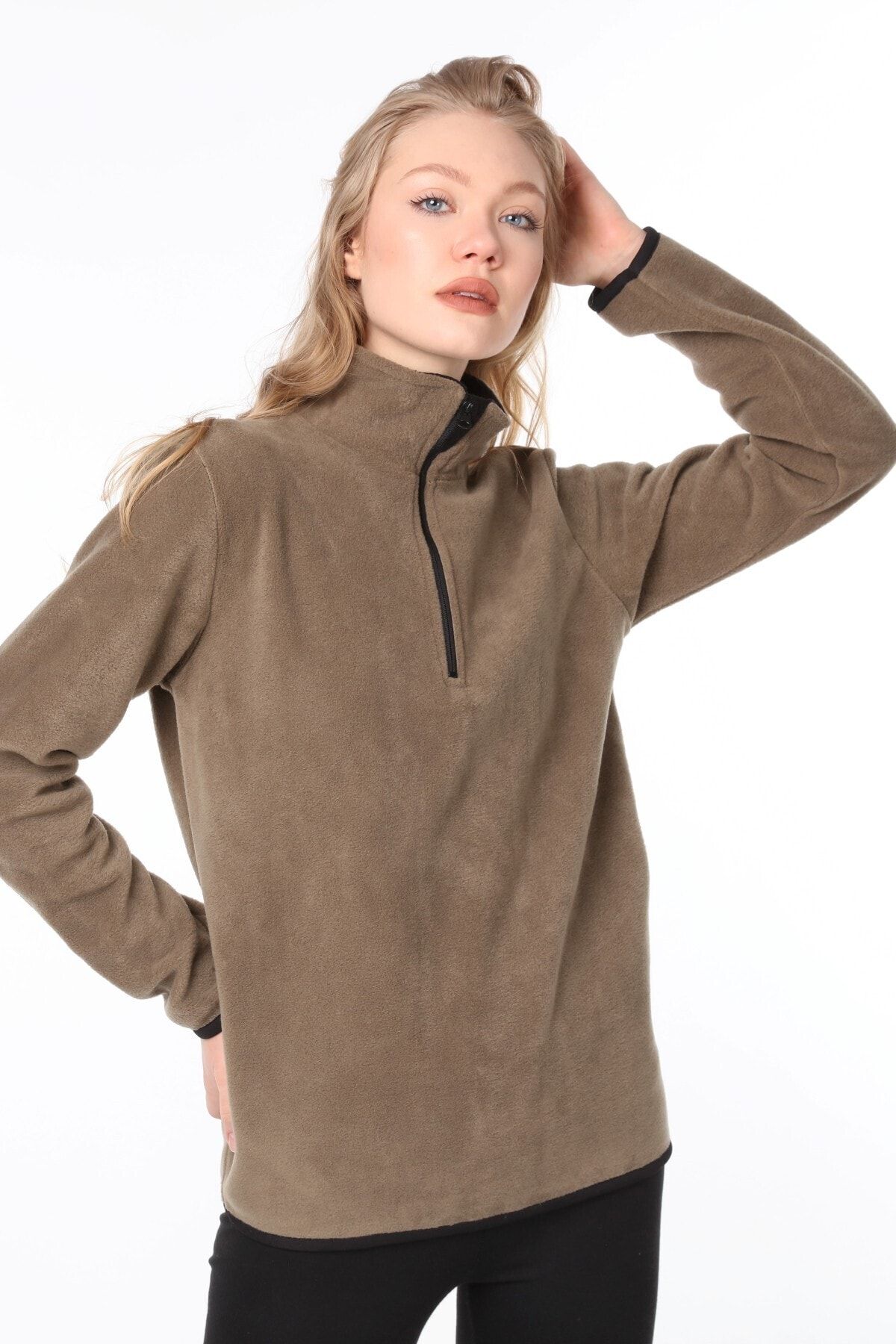 GHASSY CO. Kadın Haki Yarım Fermuarlı Sweatshirt