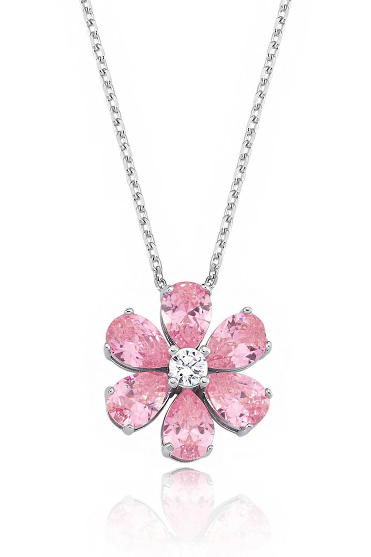 Valori Jewels 4 Karat Zirkon Pembe Damla Taşlı, Unutma Beni Çiçek Gümüş Kolye