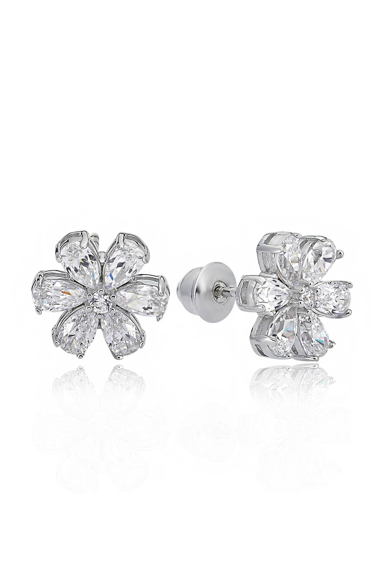 Valori Jewels 2 Karat Zirkon Beyaz Damla Taşlı, Manolya Çiçek Gümüş Küpe