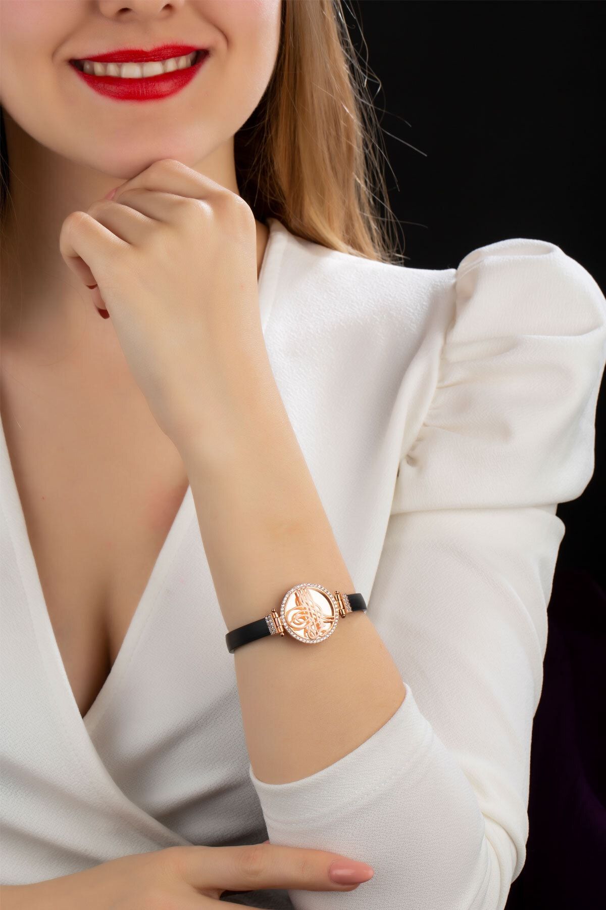 Elika Silver Kadın Zirkon Taşlı Siyah Derili Tuğra Model 925 Ayar Gümüş Bileklik