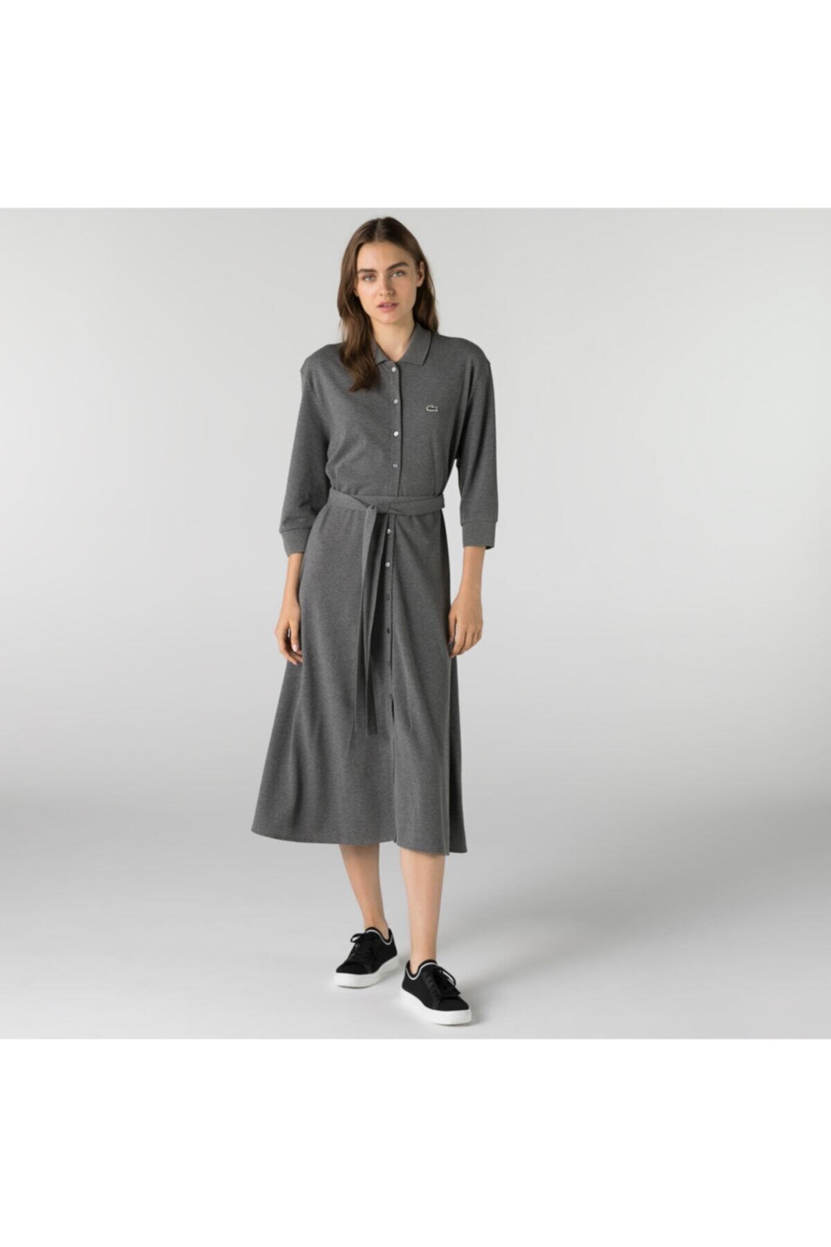 Lacoste Kadın Loose Fit Uzun Kollu Polo Yaka Gri Elbise