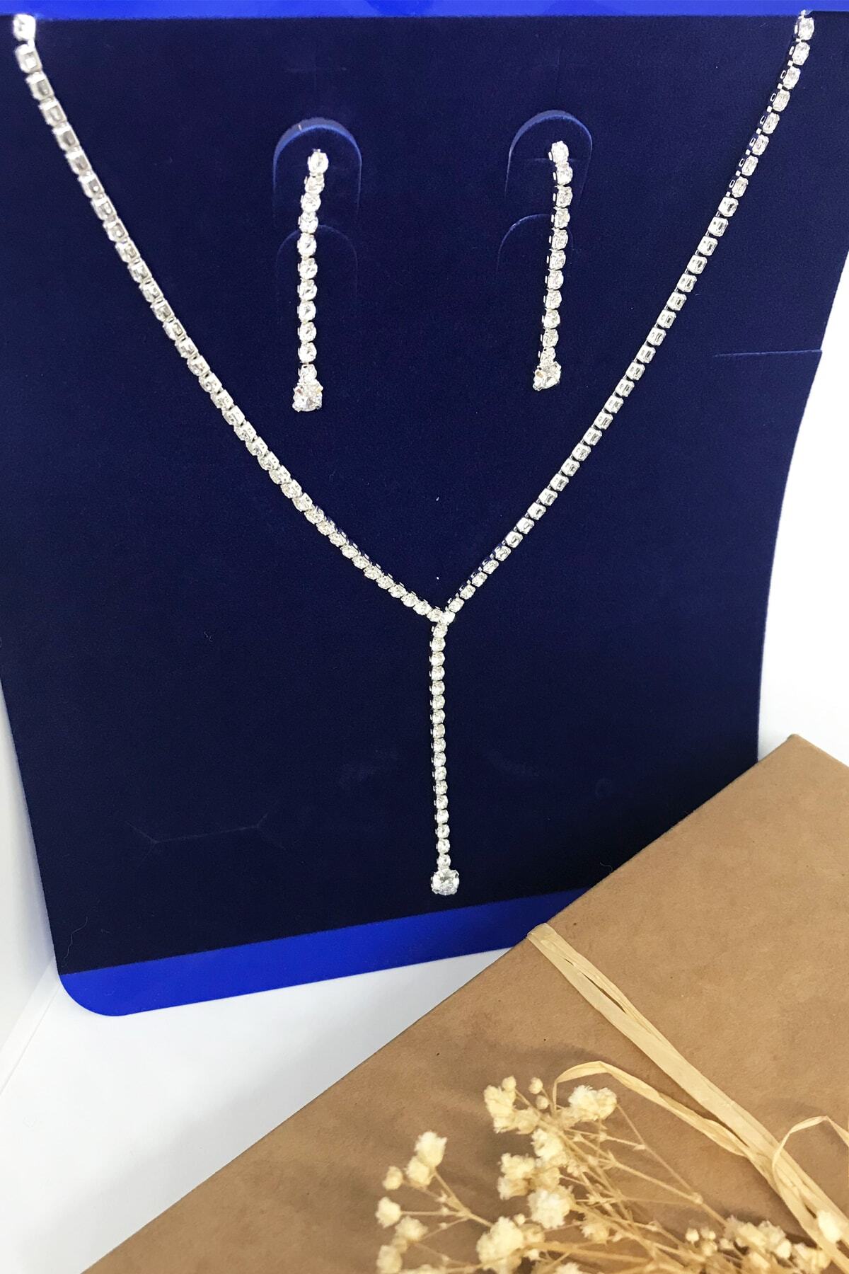 SMPLEBOX Su Yolu Uzun Kolye Küpe Set 1.kalite Zirkon Taşlı Set Suyolu Gelin Set Abiye Takı Set