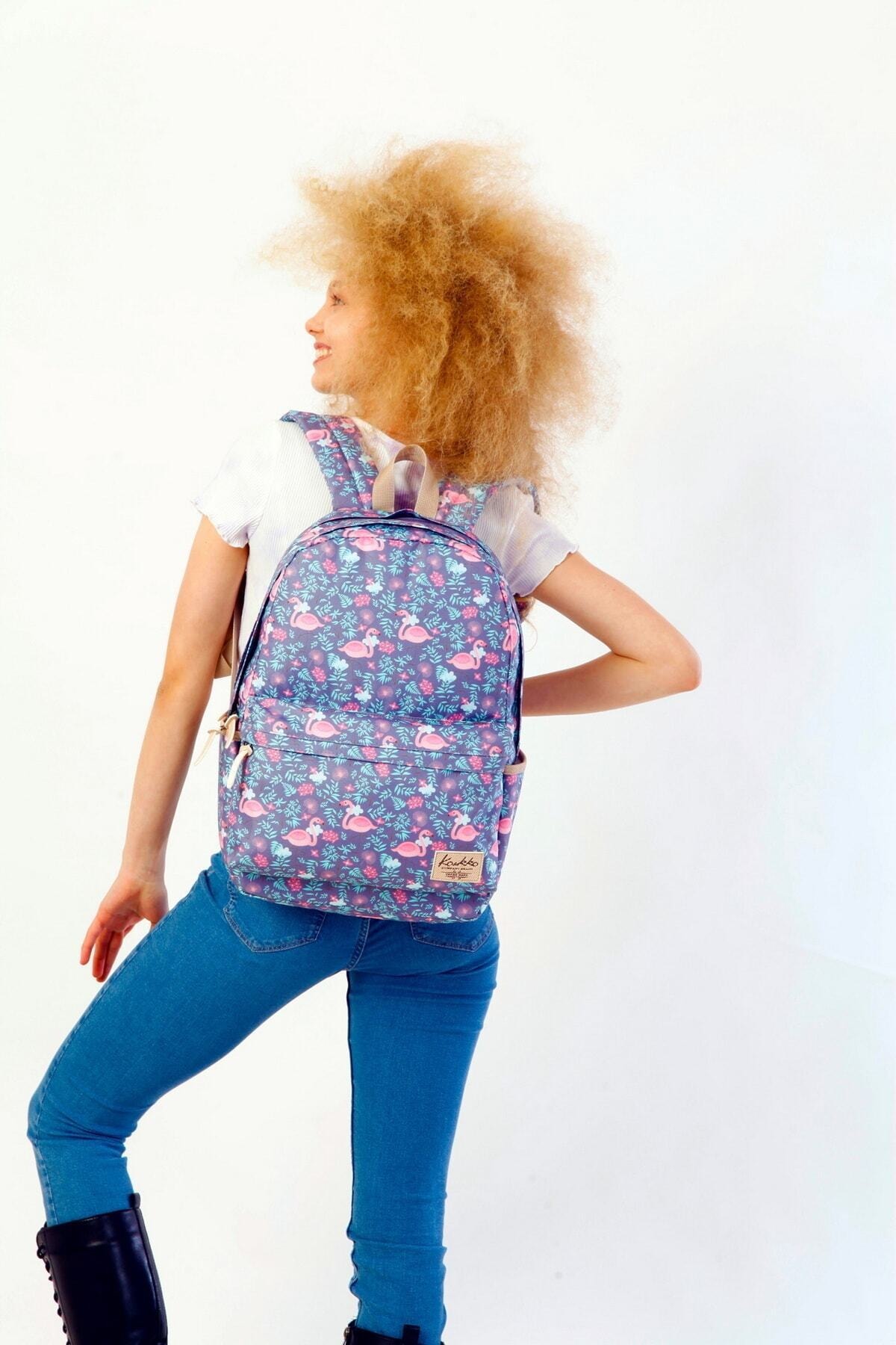 KAUKKO Nature Okul Çantası 41x26x18 Cm Grey Flamingo (k1159)